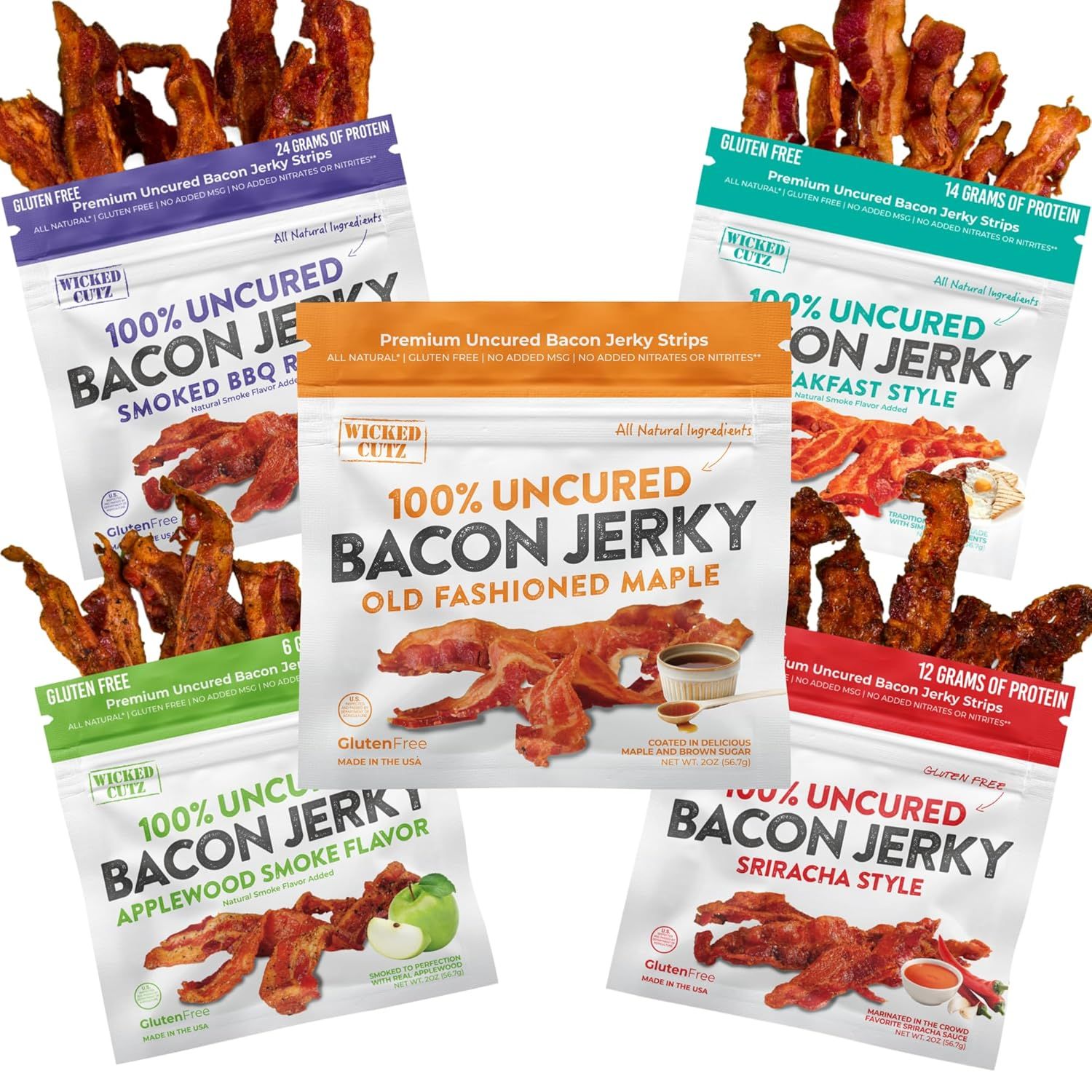 Displays the full range of bacon jerky flavors available to help shoppers understand the variety of options and choose their preferred flavor. Shows multiple distinct flavor variants of the bacon…