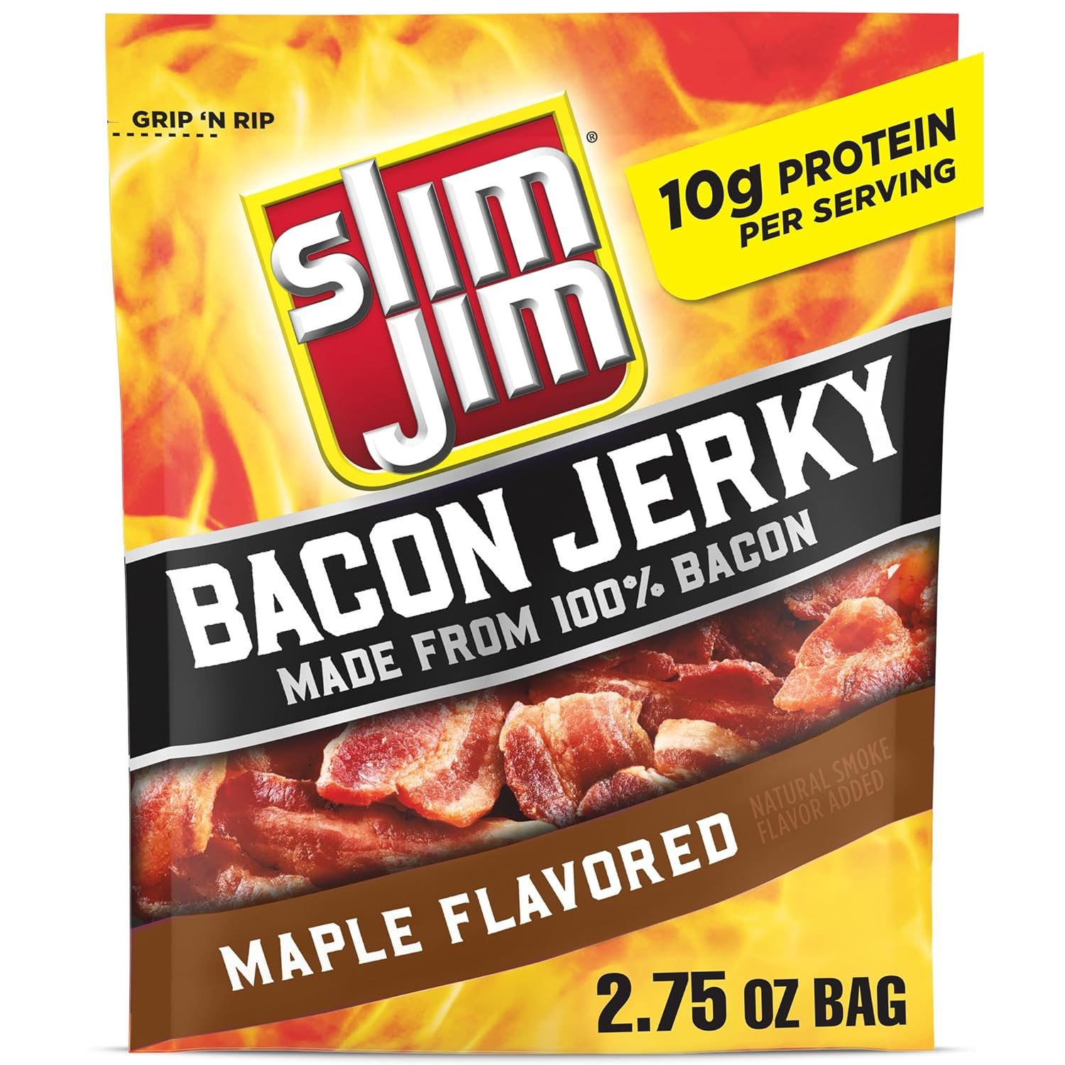 Shows the retail packaging to help shoppers identify the product on shelf and understand the resealable grip-and-rip opening feature. Uses a vibrant flame…