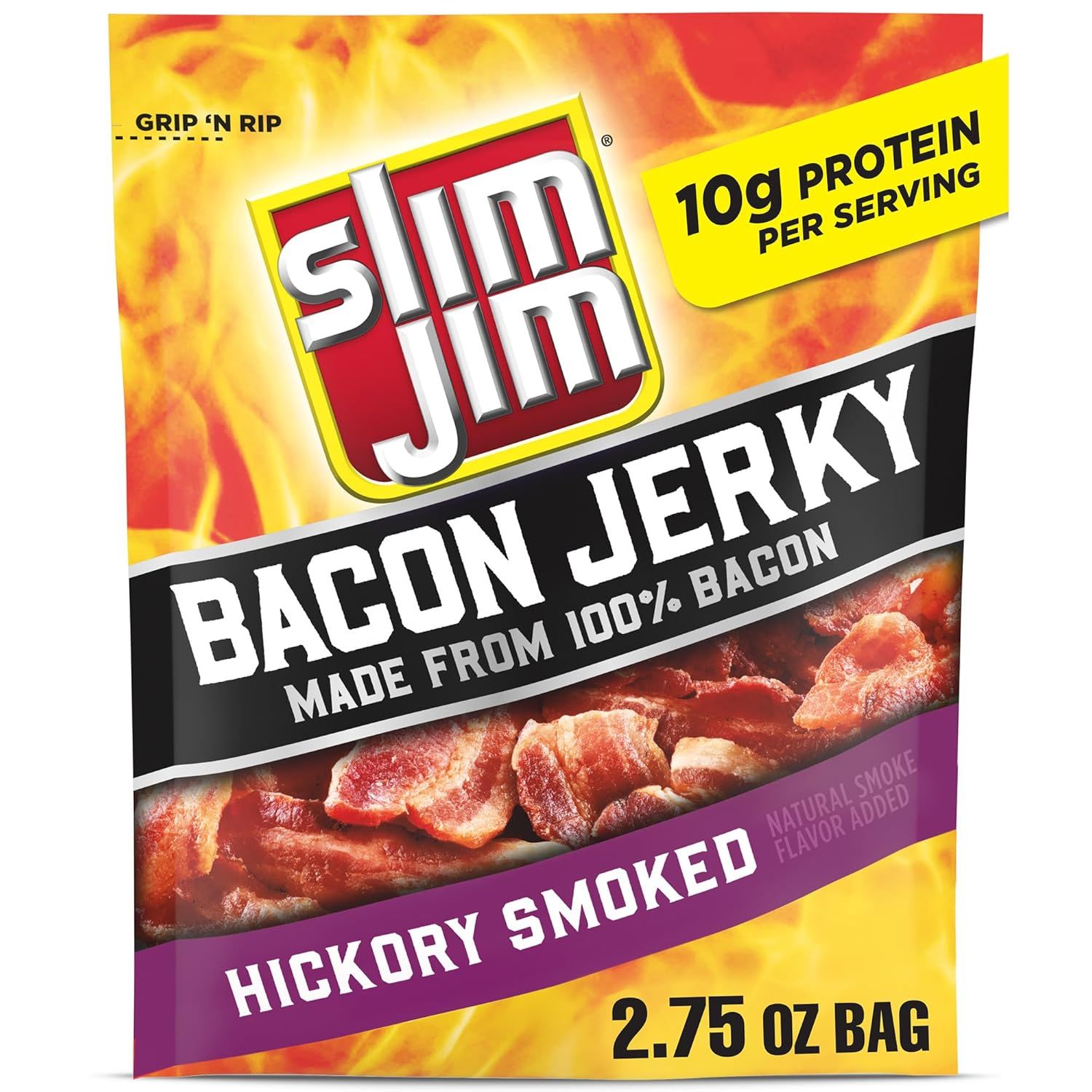 Shows the retail packaging of the Slim Jim bacon jerky product, communicating the flavor, protein content, and convenient resealable grip-and-rip feature to…