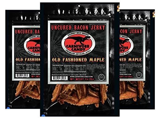 Shows three packages of bacon jerky to communicate the multi-pack offering and allow shoppers to see the product packaging and contents clearly. Displays the…