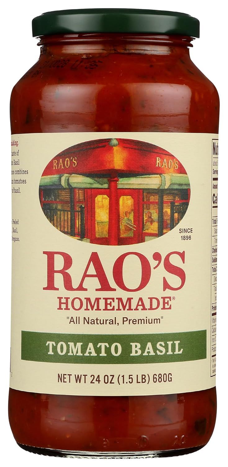 Shows the core sellable product—a jar of Rao's Tomato Basil pasta sauce—in a clean, catalog-style presentation that allows shoppers to see the product label,…