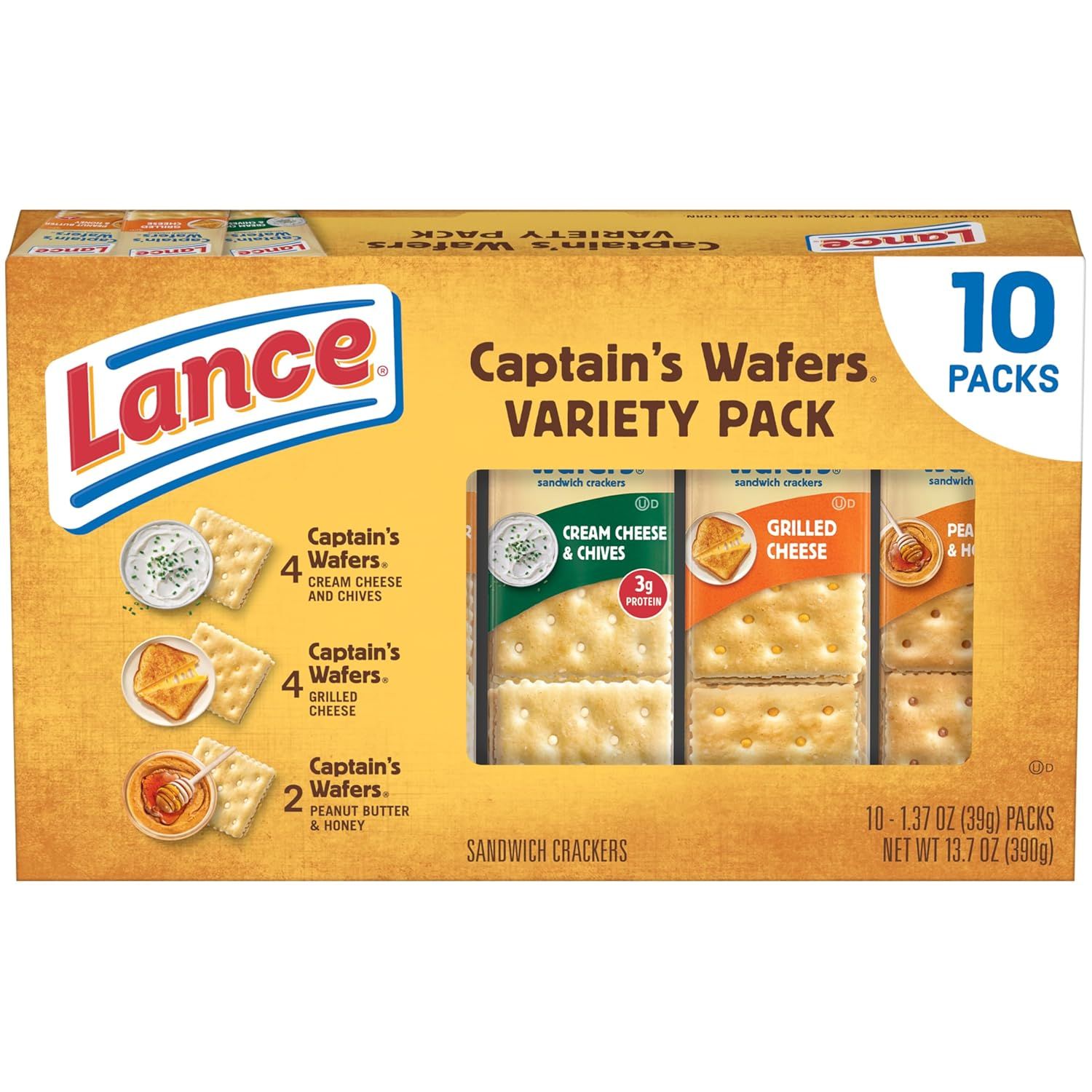 Shows the complete variety pack of Captain's Wafers sandwich crackers in three flavors, communicating the product assortment and multi-pack convenience to…