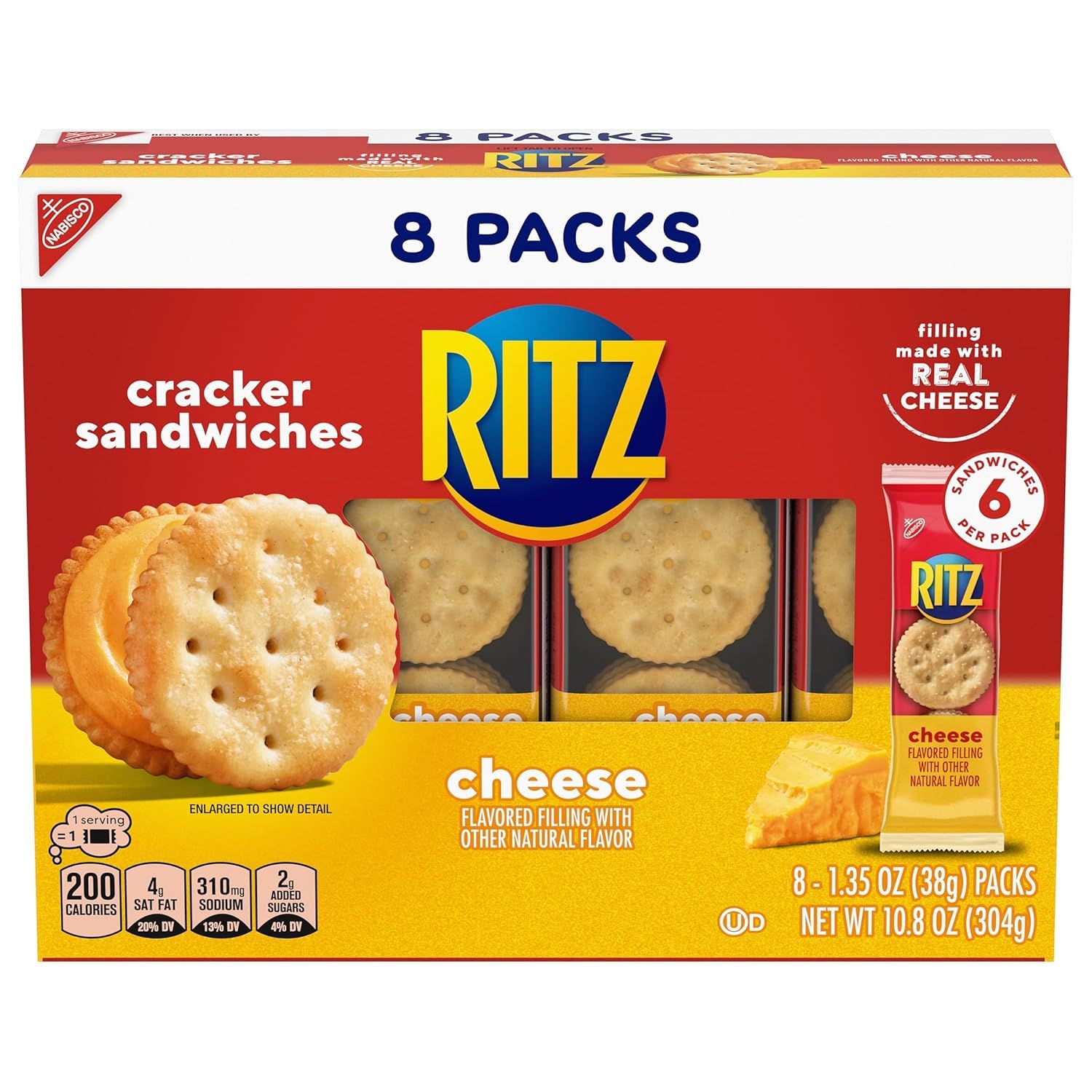 Shows the retail packaging of an 8-pack box of Ritz cheese cracker sandwiches, communicating the product format, quantity, and flavor to help shoppers understand what they are purchasing. Displays…