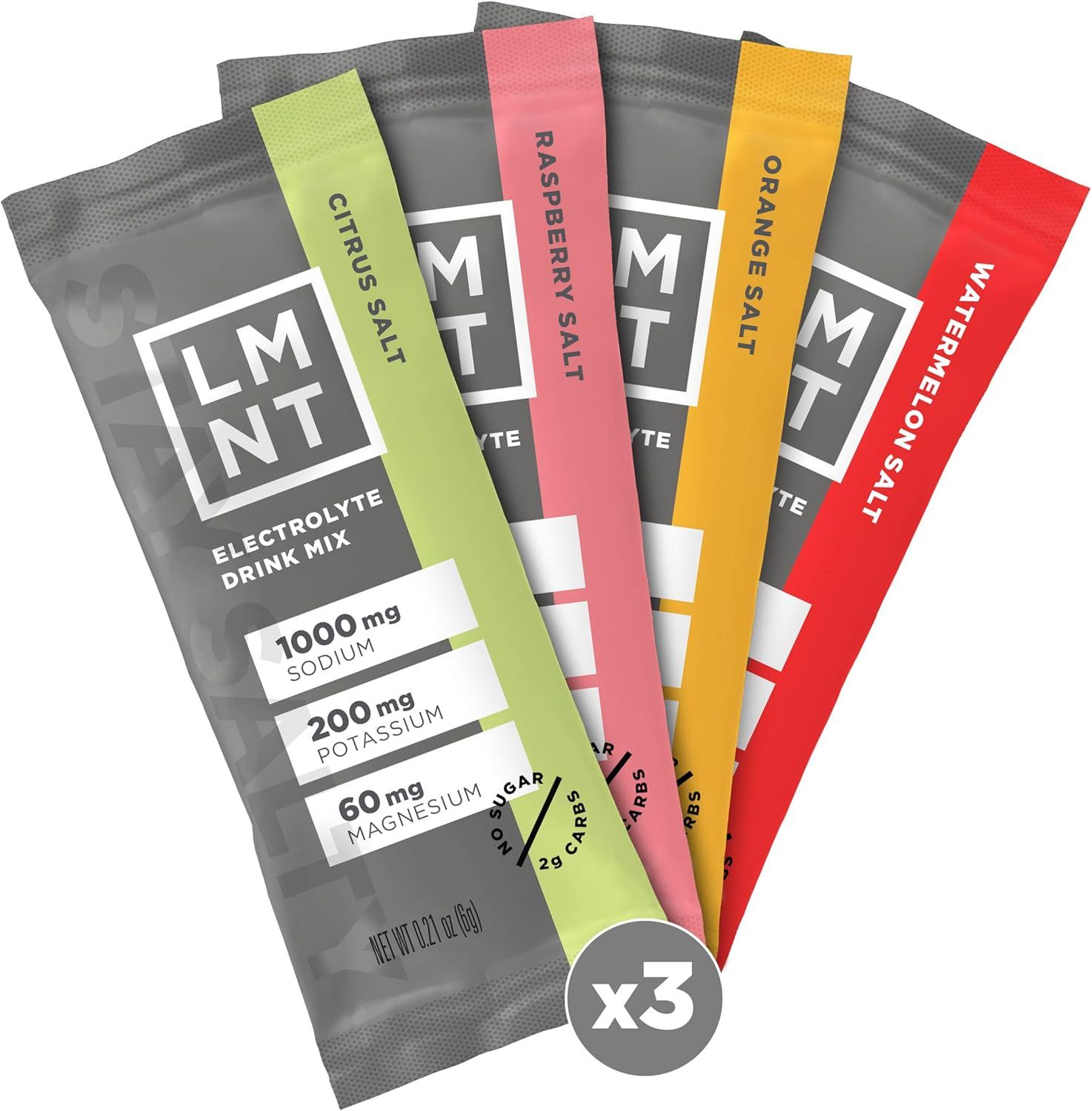 Displays the core product—electrolyte drink mix packets in multiple flavors—clearly showing the brand, product type, nutritional content, and flavor variety to help shoppers understand what they are…