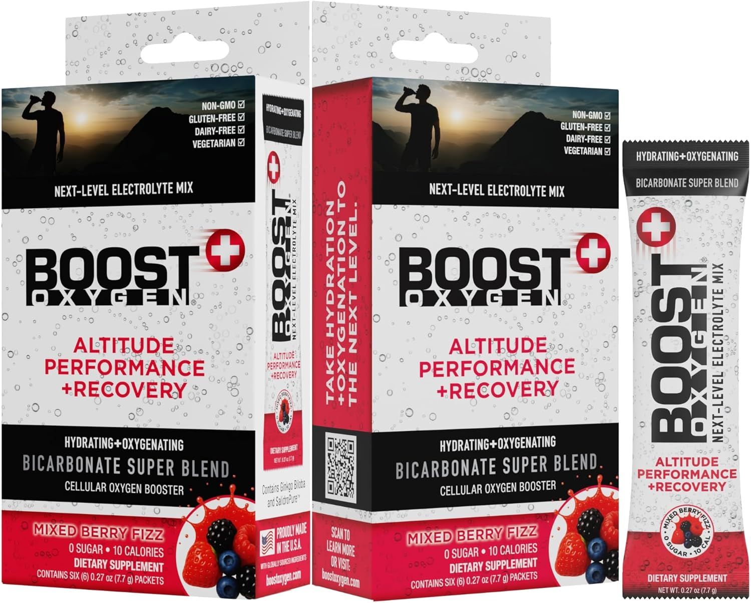 Displays the core product packaging clearly showing the Boost Oxygen electrolyte mix in both box and individual packet formats, communicating the product's altitude performance and recovery…