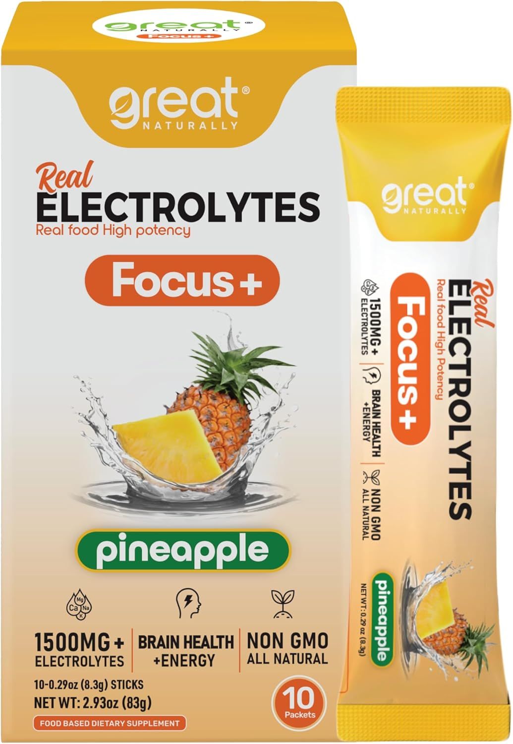 Shows the product's retail packaging (box) alongside an individual stick packet to communicate what the buyer receives and how the product is packaged for use. Uses a dynamic water splash visual…