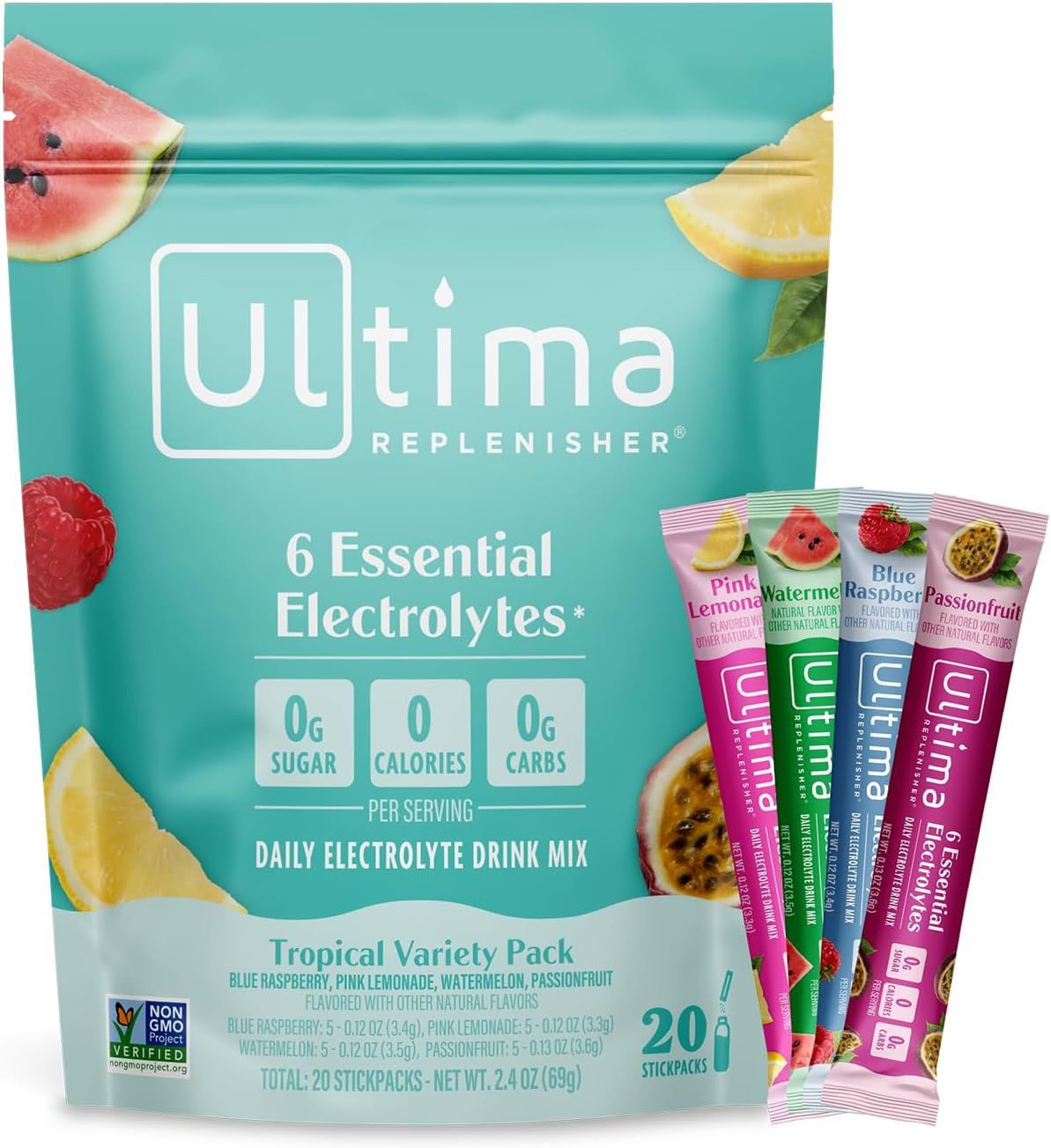 Displays the Ultima Replenisher electrolyte drink mix package with individual stick packs to show the product format, variety of flavors, and key nutritional…