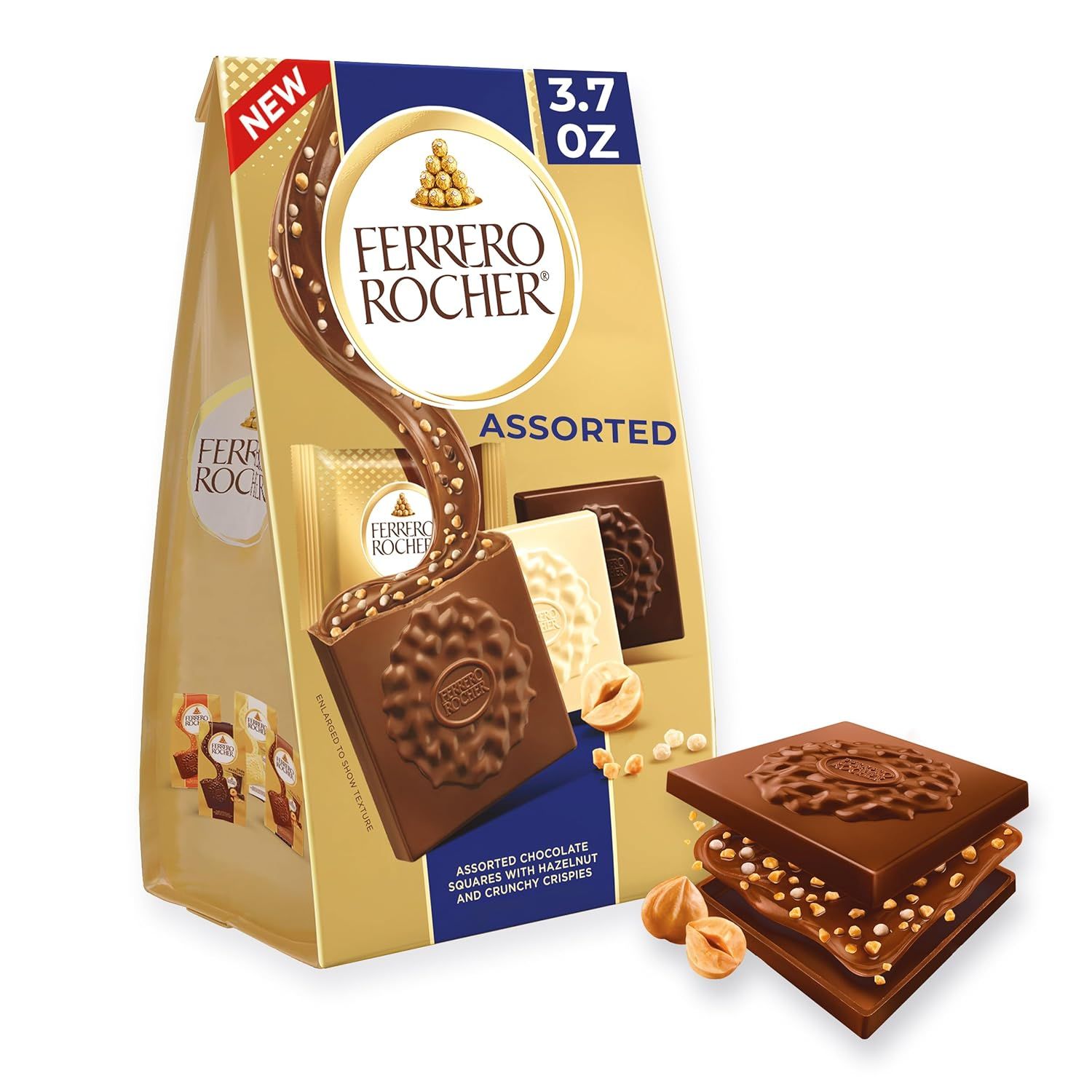 Displays the Ferrero Rocher chocolate product in its retail packaging alongside the actual chocolate squares to show shoppers exactly what they are purchasing. Shows the physical retail packaging…
