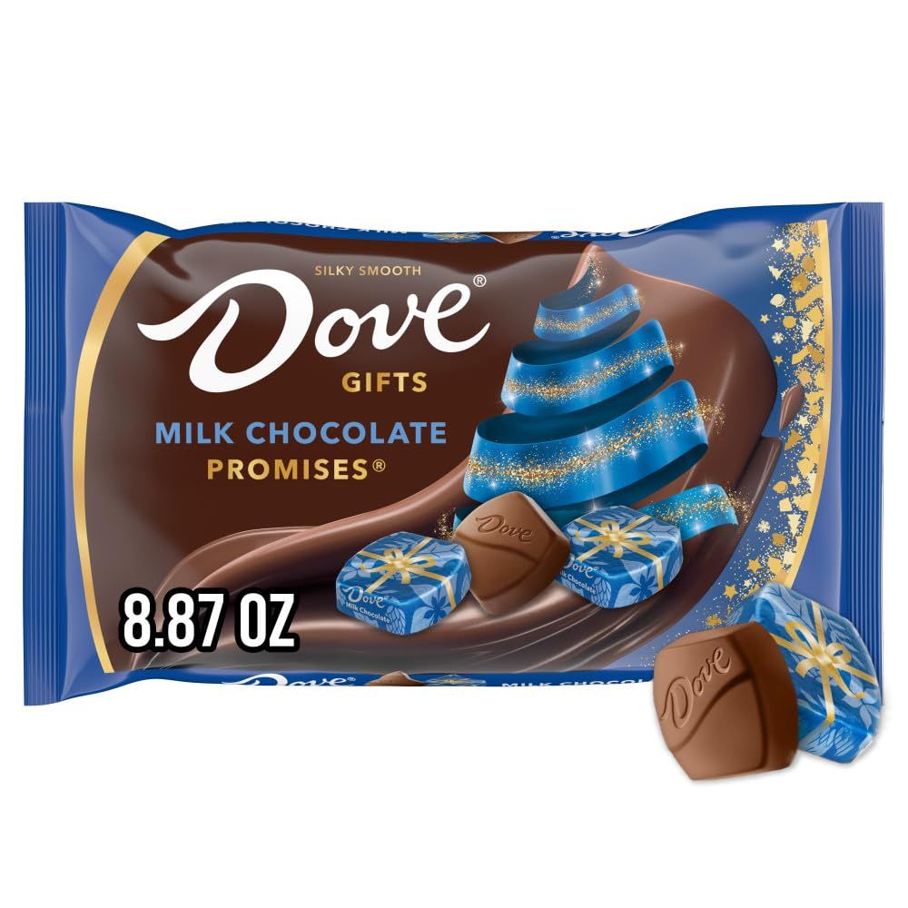 Shows the Dove Gifts Milk Chocolate Promises bag and individual wrapped chocolates to communicate the product offering and festive holiday theme, helping shoppers identify the product and its…