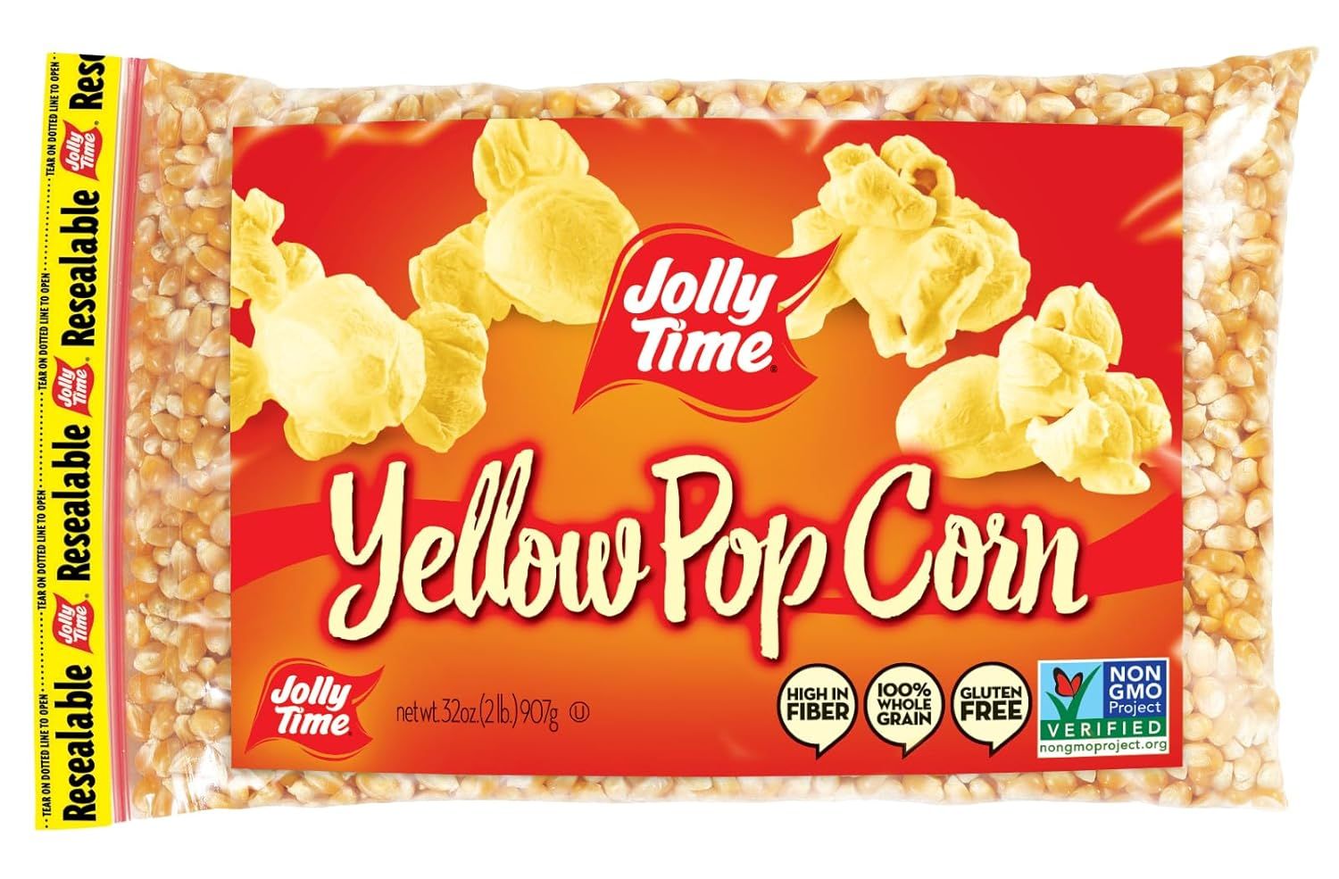 Shows the core product clearly—a bag of yellow popcorn kernels—so shoppers can immediately identify what they are purchasing. Displays the retail packaging with brand name, product type, weight, and…