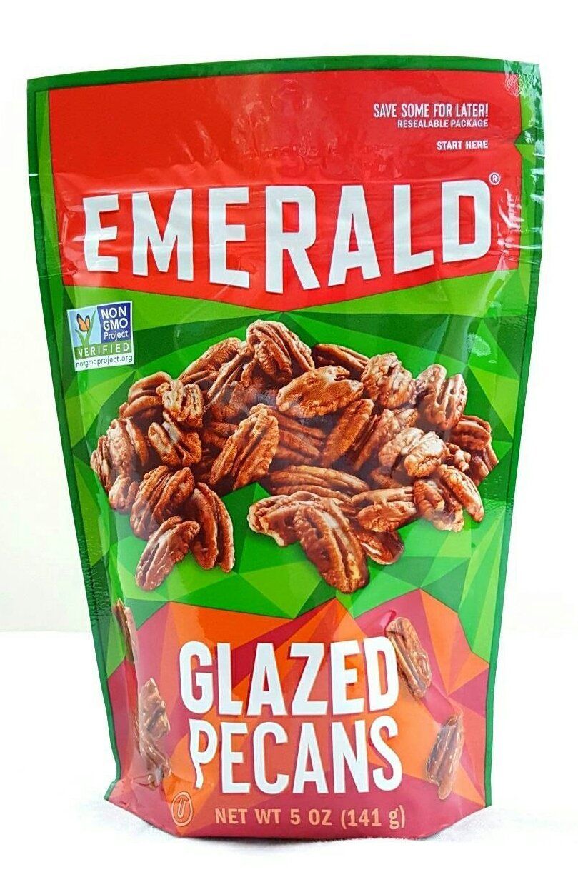 Shows the core product—glazed pecans in a resealable pouch—to communicate what the shopper is purchasing and highlight the convenience of the resealable feature. Displays the retail packaging with…