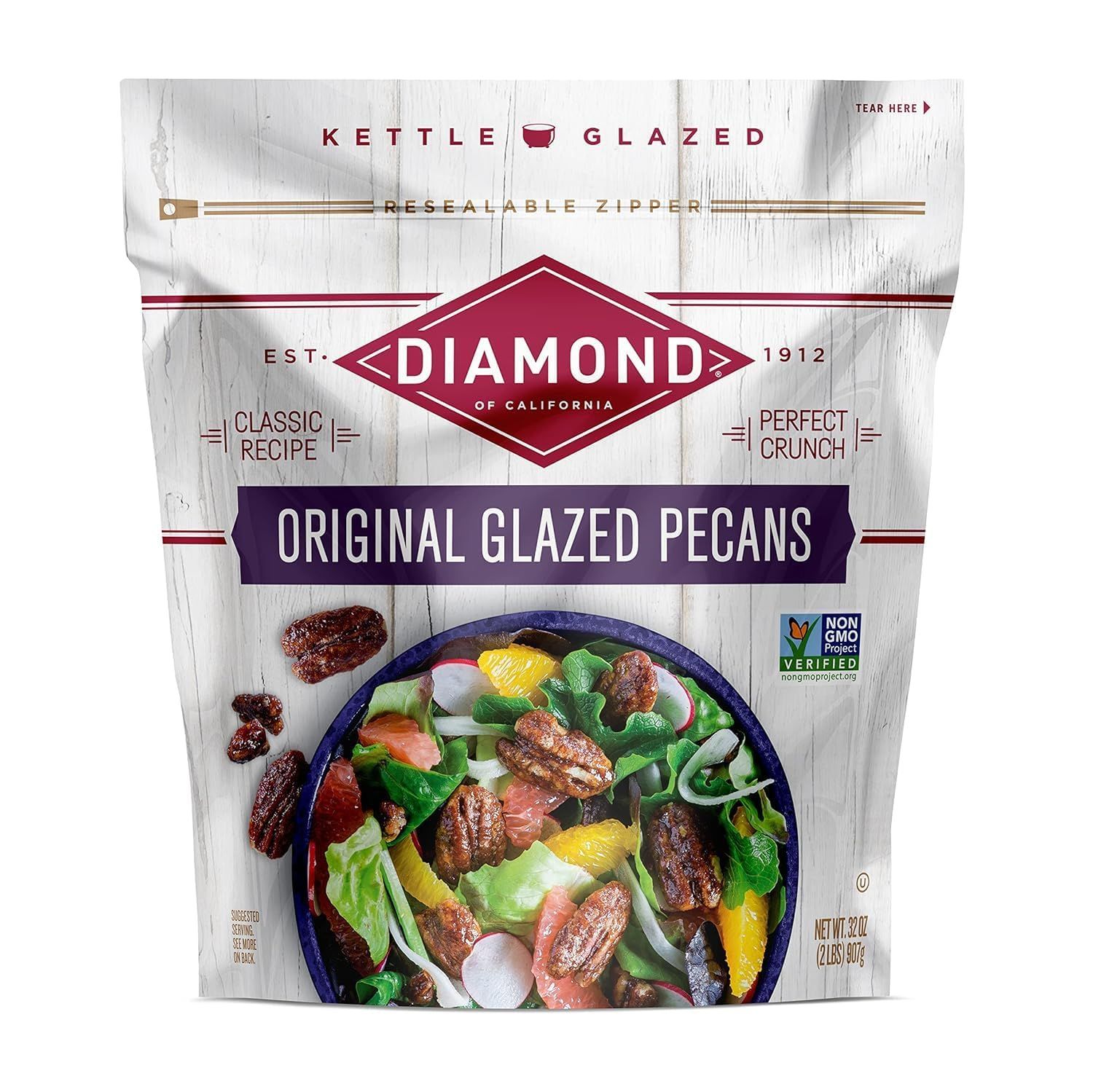 Shows the actual retail packaging the buyer will receive, including the resealable zipper feature and brand identity, helping shoppers recognize the product on the shelf and understand its storage…