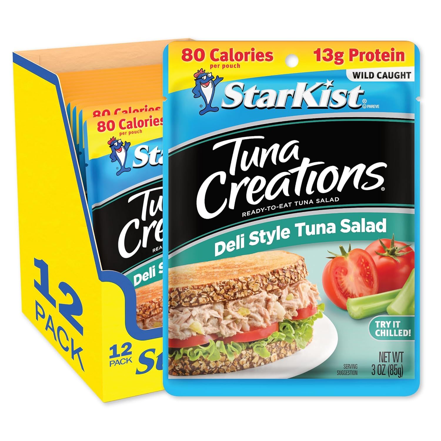 Shows the core sellable product, a 12-pack of StarKist Tuna Creations pouches, clearly displaying both the outer box and individual pouch packaging to communicate what the shopper will receive.…