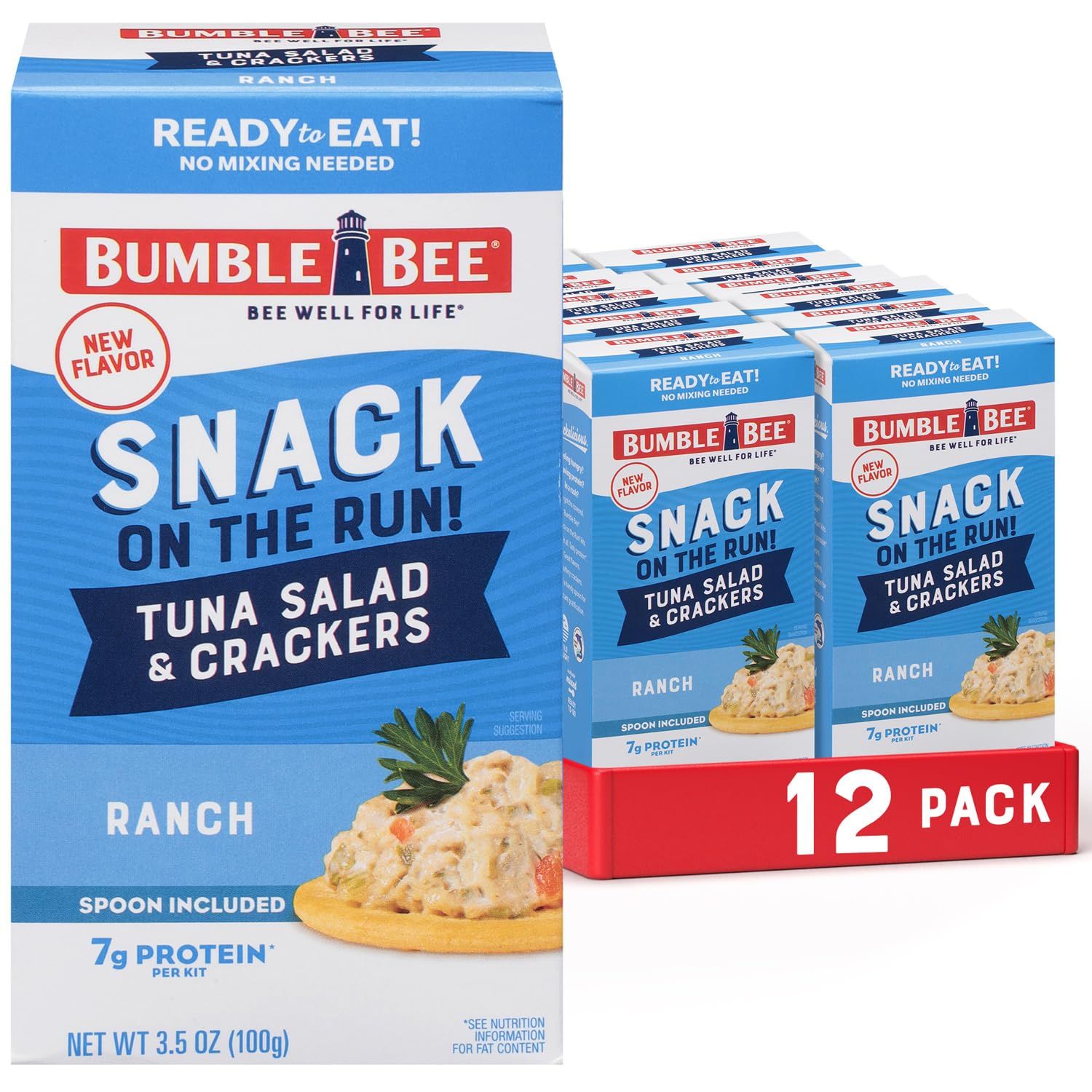 Shows the core product packaging for a 12-pack of Bumble Bee tuna salad snack kits, communicating the quantity and convenience of the ready-to-eat format with included crackers and spoon. Displays…