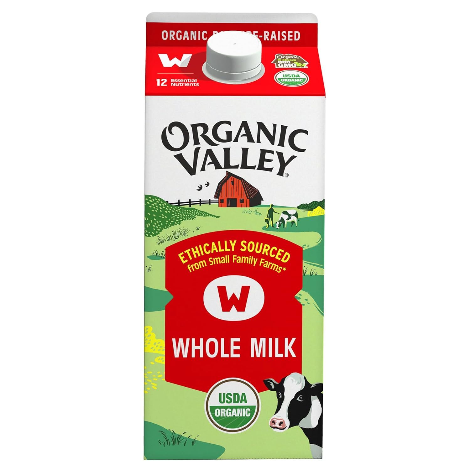 Displays the core sellable product, an Organic Valley whole milk carton, clearly showing the brand, product type, and key certifications to help shoppers identify and select the item. Shows the…