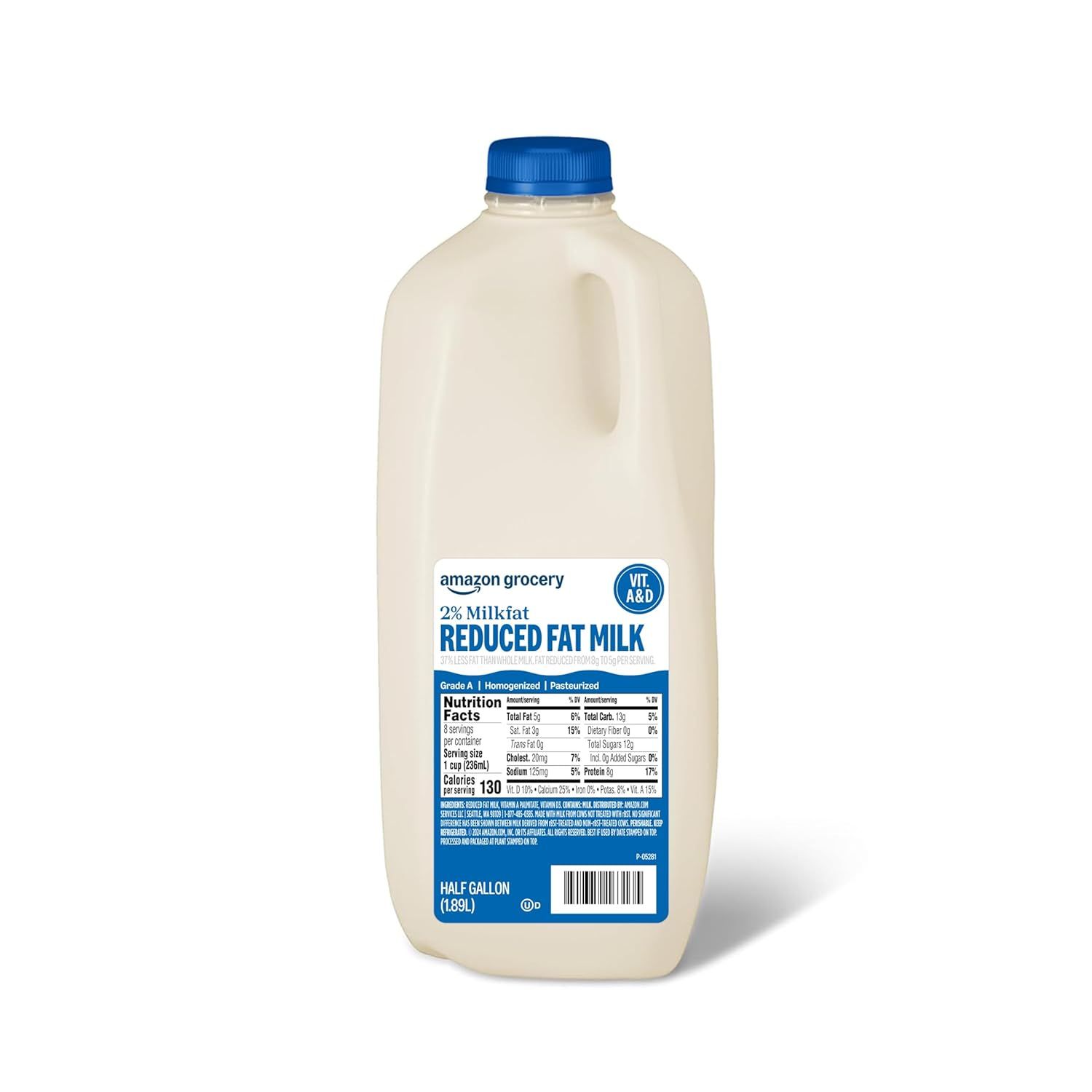 Shows the half-gallon reduced fat milk bottle clearly on a clean white background, allowing shoppers to see the product packaging, branding, and nutritional information.