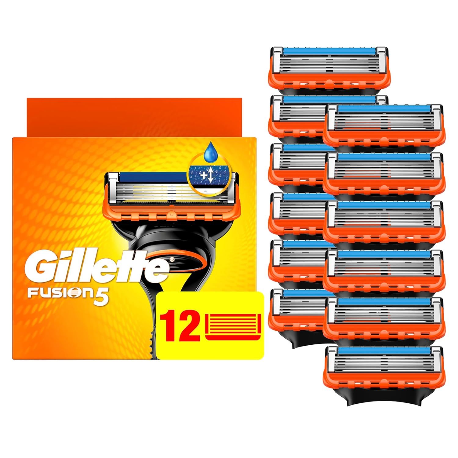 Shows the Gillette Fusion5 razor cartridges and packaging to communicate the product identity, quantity, and what the shopper will receive. Displays the official Gillette Fusion5 retail packaging to…