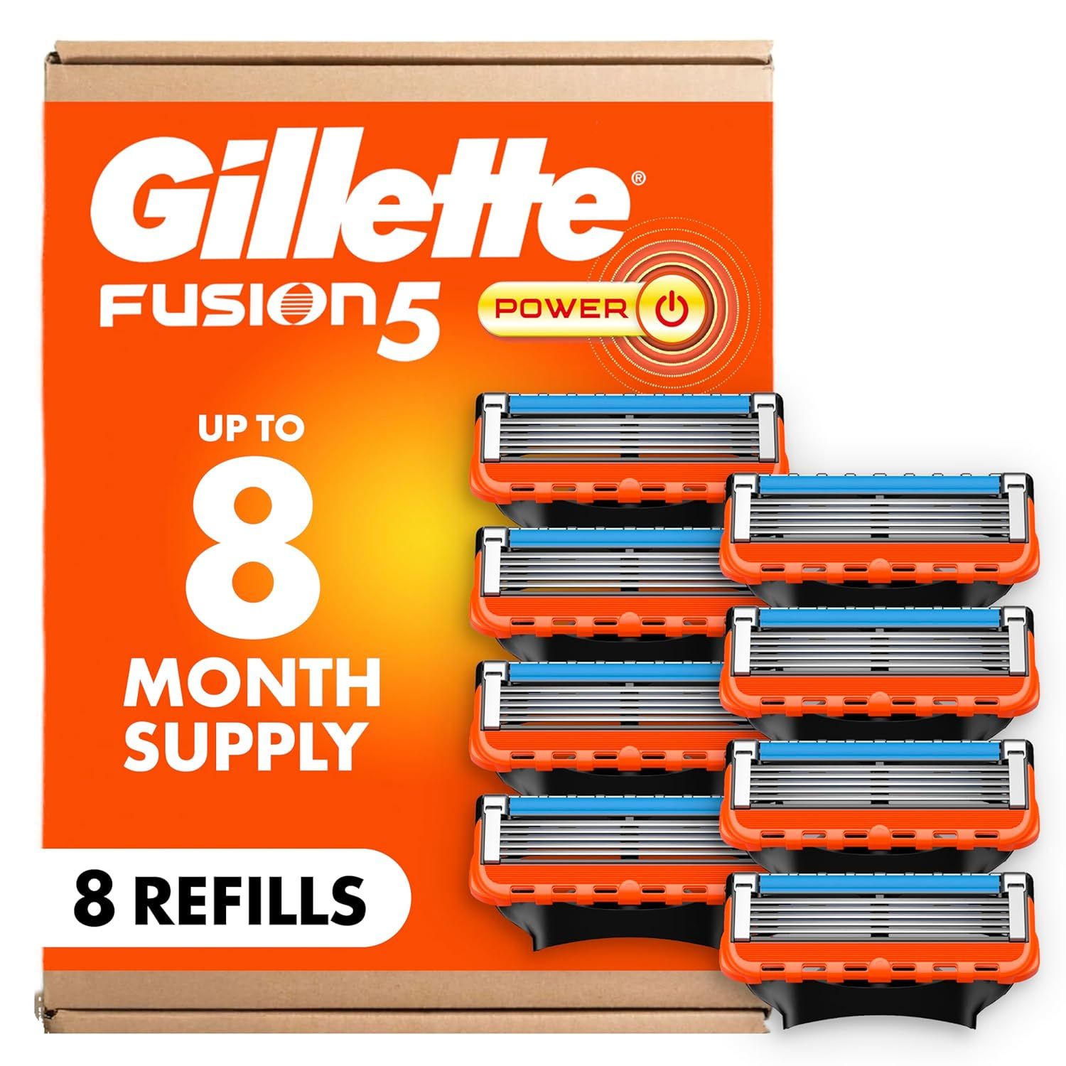 Shows the core product—Gillette Fusion5 Power razor blade refills—clearly displayed with packaging to communicate the quantity (8 refills) and value proposition (8-month supply). Displays the retail…