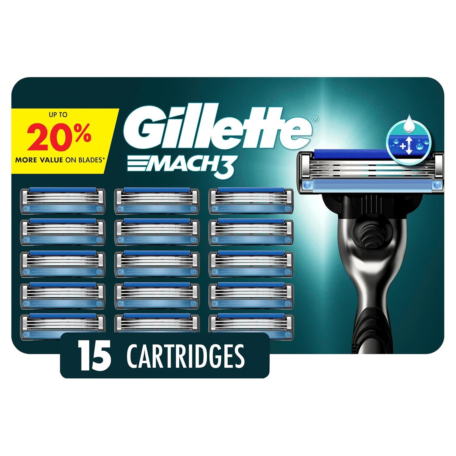 Shows the core product - Gillette Mach3 razor cartridges in a 15-pack bundle - clearly displaying what the shopper will receive. Highlights a promotional value message with a yellow discount badge…