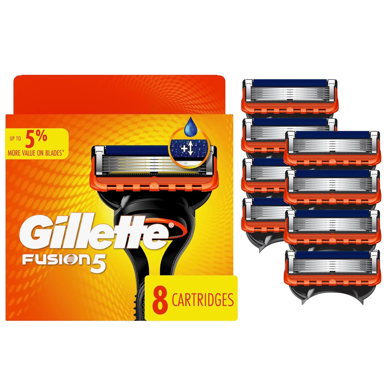 Shows the core product—8 Gillette Fusion5 razor cartridges—clearly displayed with packaging to communicate what the shopper is purchasing. Displays the retail packaging with brand identity, product…