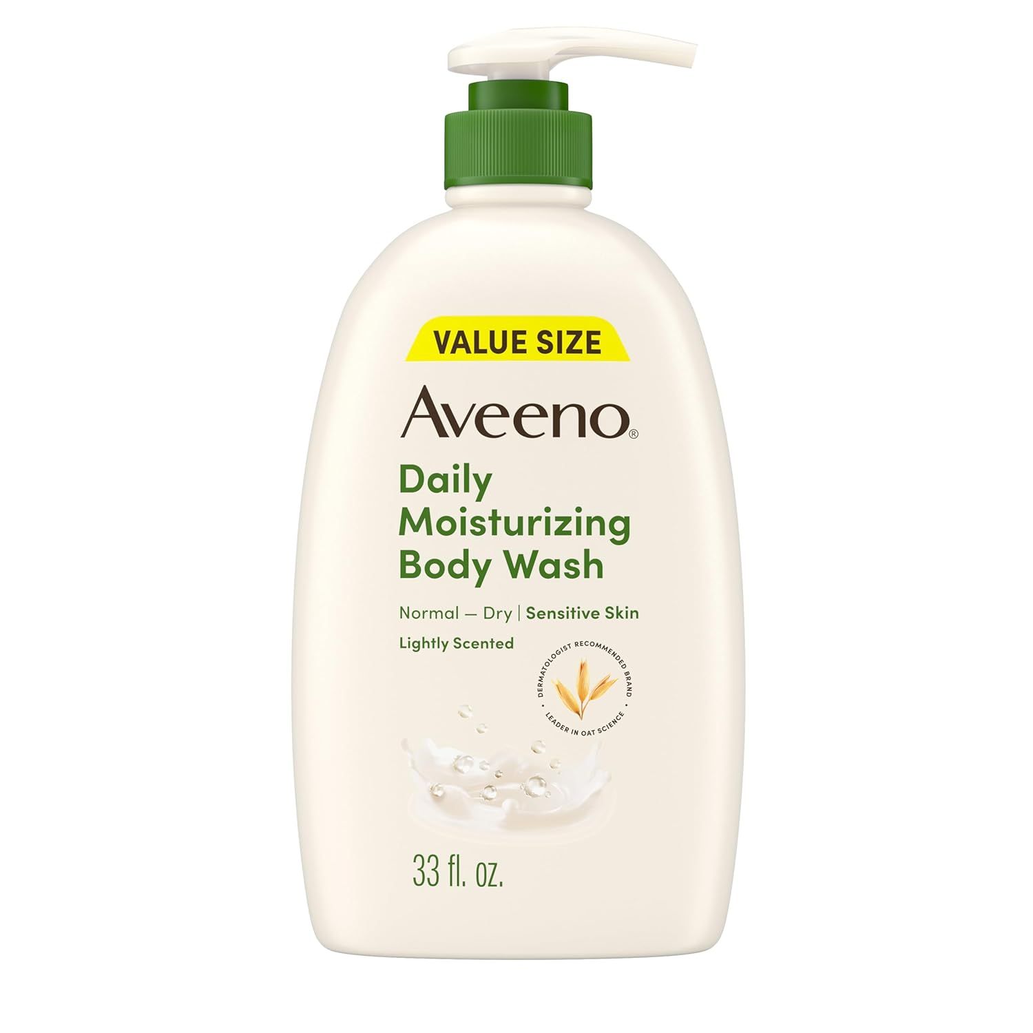 Displays the Aveeno Daily Moisturizing Body Wash in its value size packaging, clearly showing the product name, key benefits for sensitive skin, and the pump dispenser format to help shoppers…
