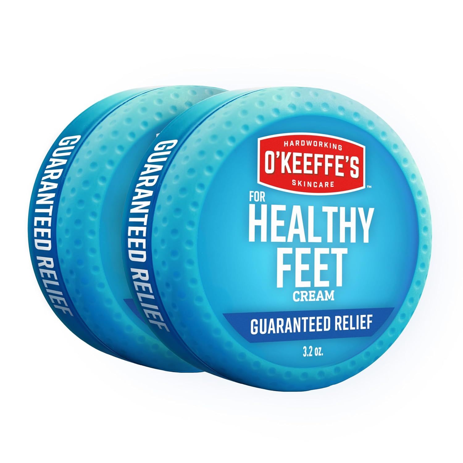 Shows the core product, O'Keeffe's Healthy Feet Cream in a multi-pack format, clearly displaying the brand, product name, and key benefit (Guaranteed Relief) to help shoppers identify what they are…