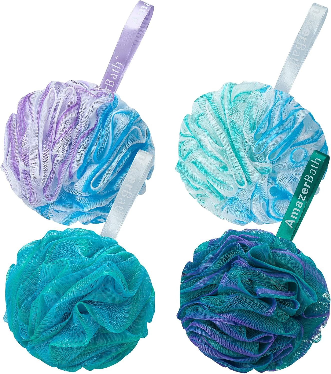 Displays the core product, bath loofahs in various color combinations, clearly showing the mesh texture and hanging loop design to help shoppers understand what they are purchasing. Shows four…
