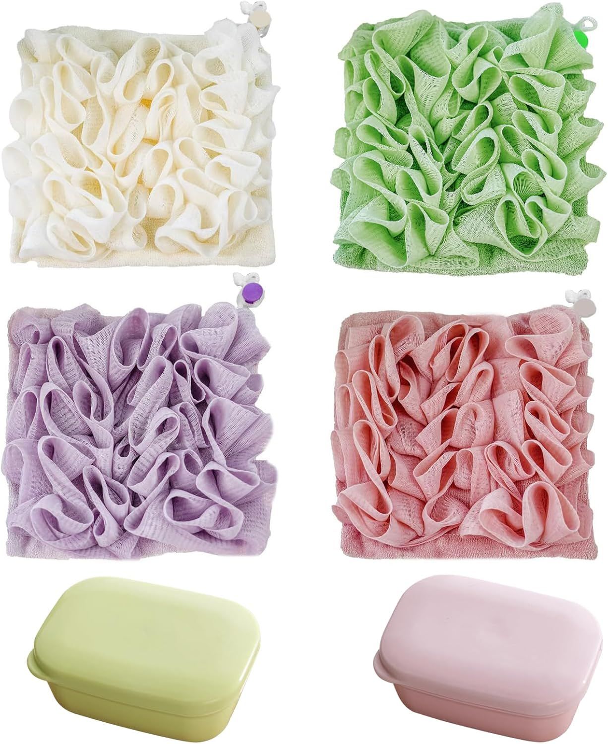 Shows multiple color options available for the bath sponge product, allowing shoppers to see the variety of colors they can choose from. Displays the core product—textured bath sponges with their…