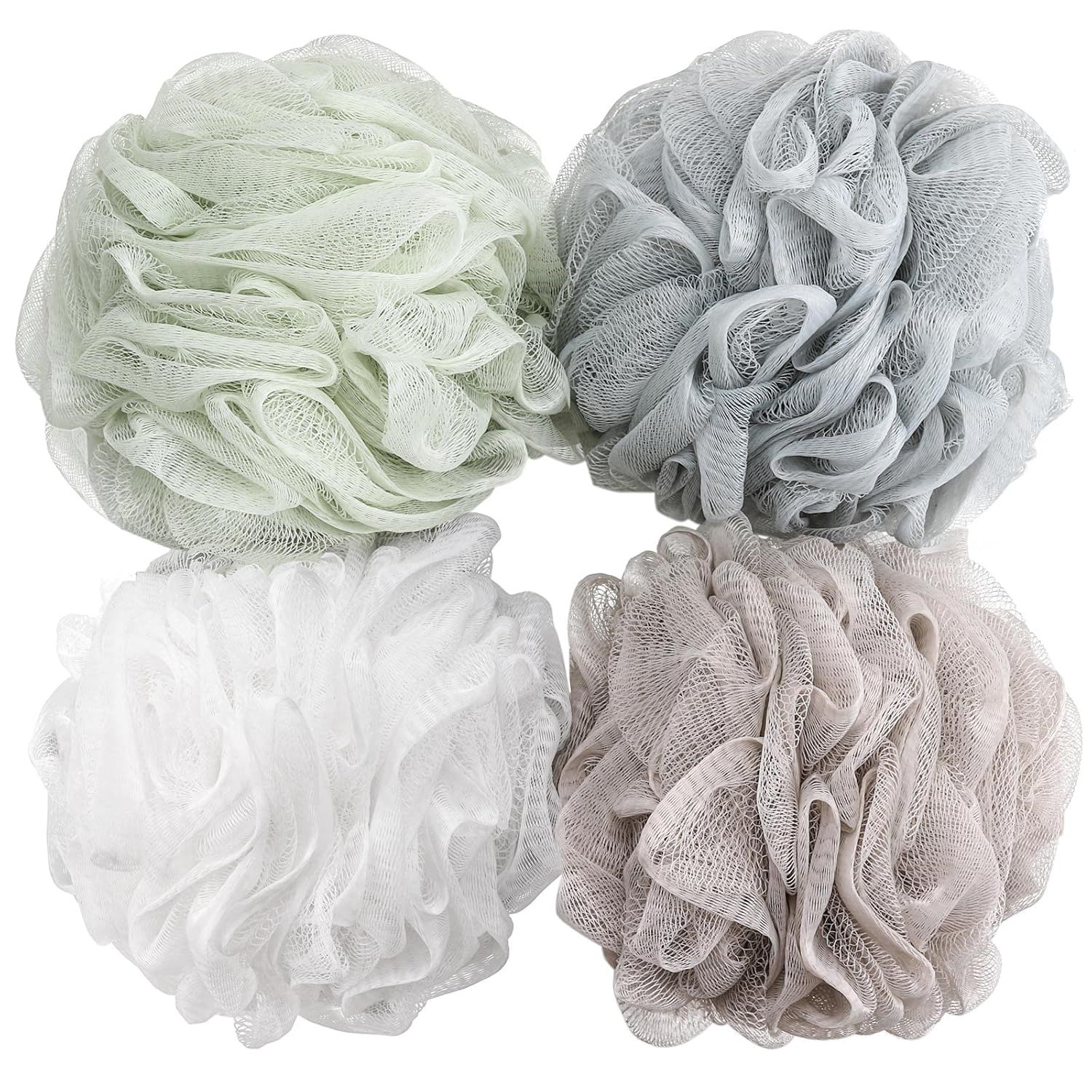 Shows the core product—a set of four bath loofahs in different neutral colors—clearly displayed on a white background to help shoppers see exactly what they will receive. Displays multiple color…