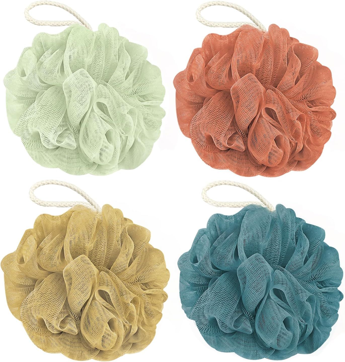 Displays the core product (bath loofahs/shower puffs) clearly in four different color options to show shoppers the available choices. Shows multiple color variants (mint green, coral, yellow, teal)…