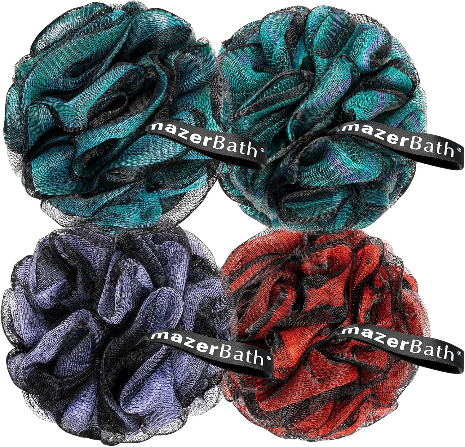 Shows the core product—a set of four bath loofahs in different colors (teal, blue, red)—to communicate what the buyer receives and the color options included in the purchase. Displays multiple color…