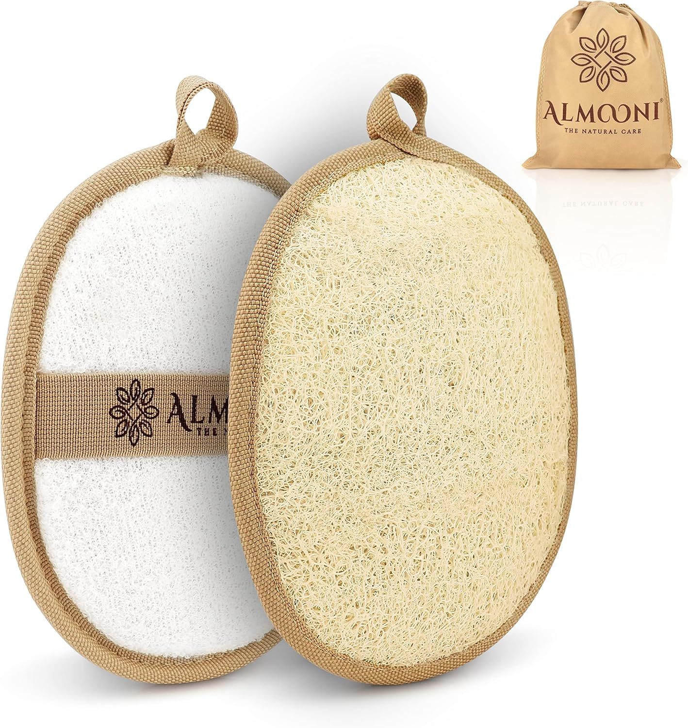 Shows the core product—two natural loofah/exfoliating sponges with different textures—to communicate what the buyer receives and the dual-sided functionality for body care. Displays the included…