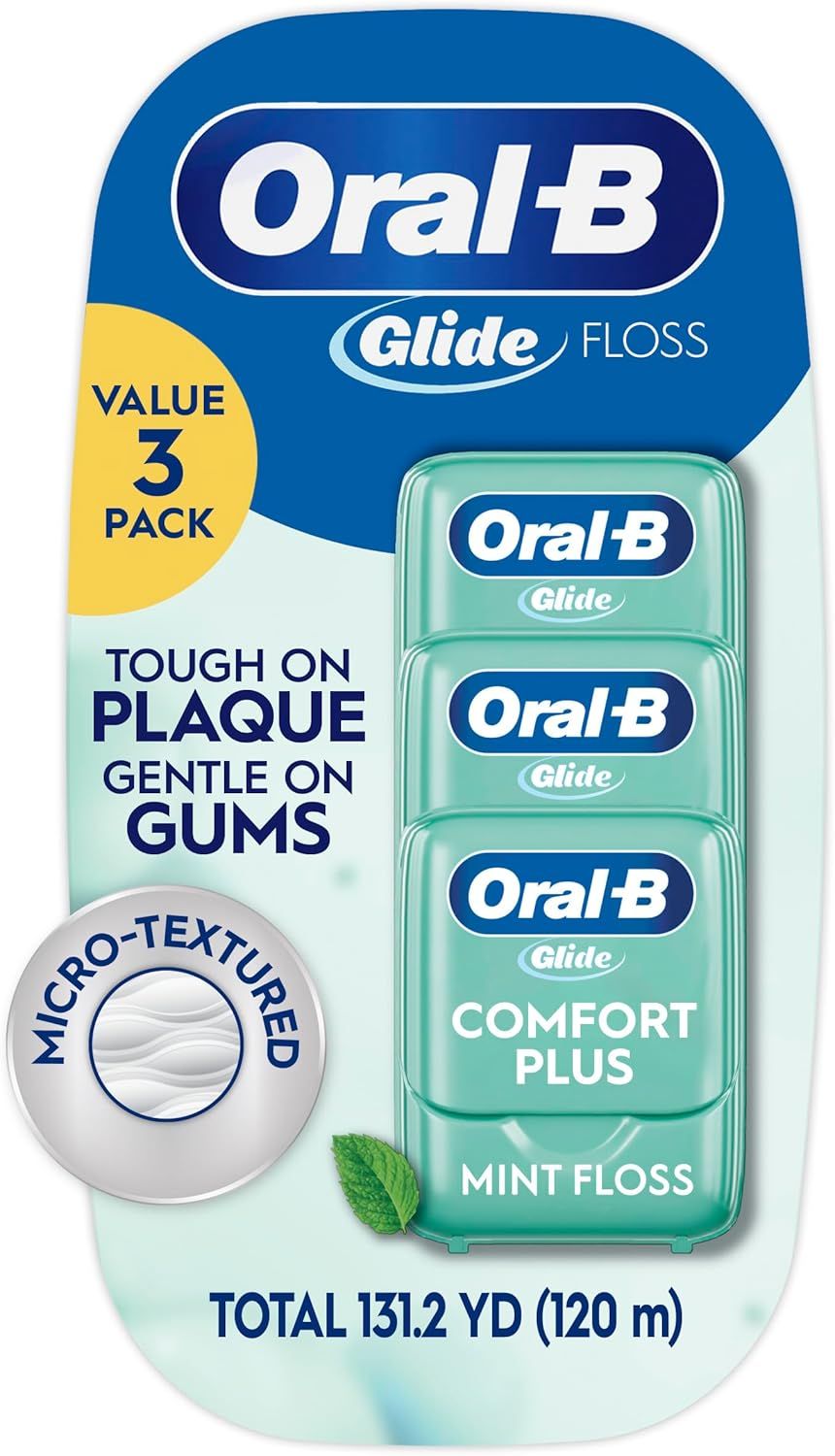 Shows the core product—a 3-pack of Oral-B Glide dental floss—clearly displayed in retail packaging to communicate what the shopper will receive. Displays the…