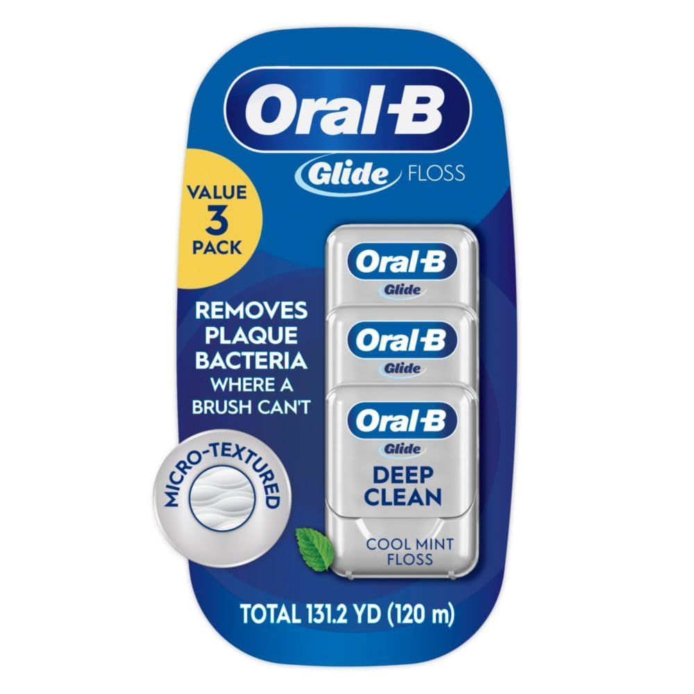 Shows the retail packaging for a 3-pack of Oral-B Glide floss to communicate the value bundle and key product benefits like plaque removal and micro-textured…