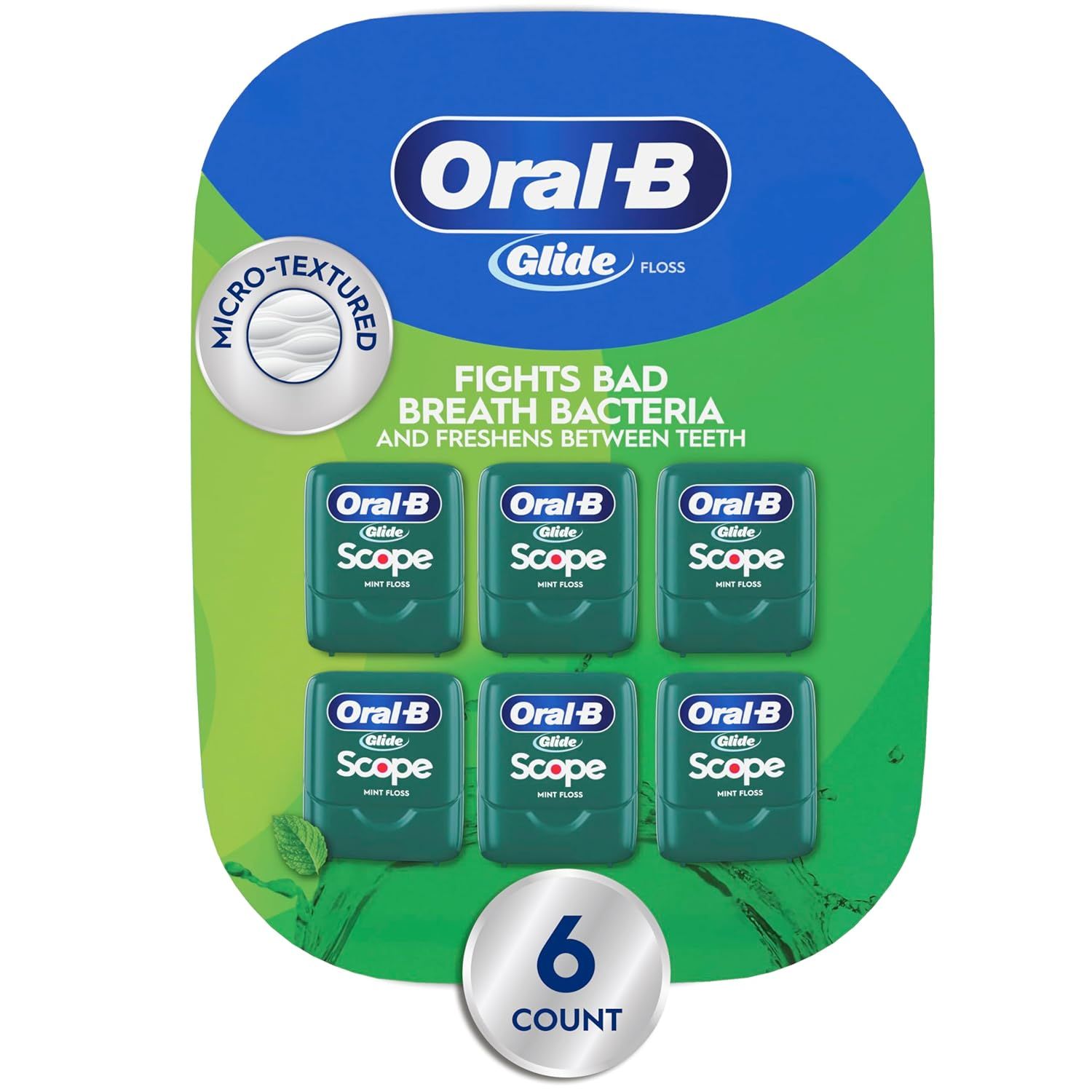 Shows the core product—a 6-count multi-pack of Oral-B Glide Scope mint floss—clearly displayed on retail packaging to communicate what the shopper will…