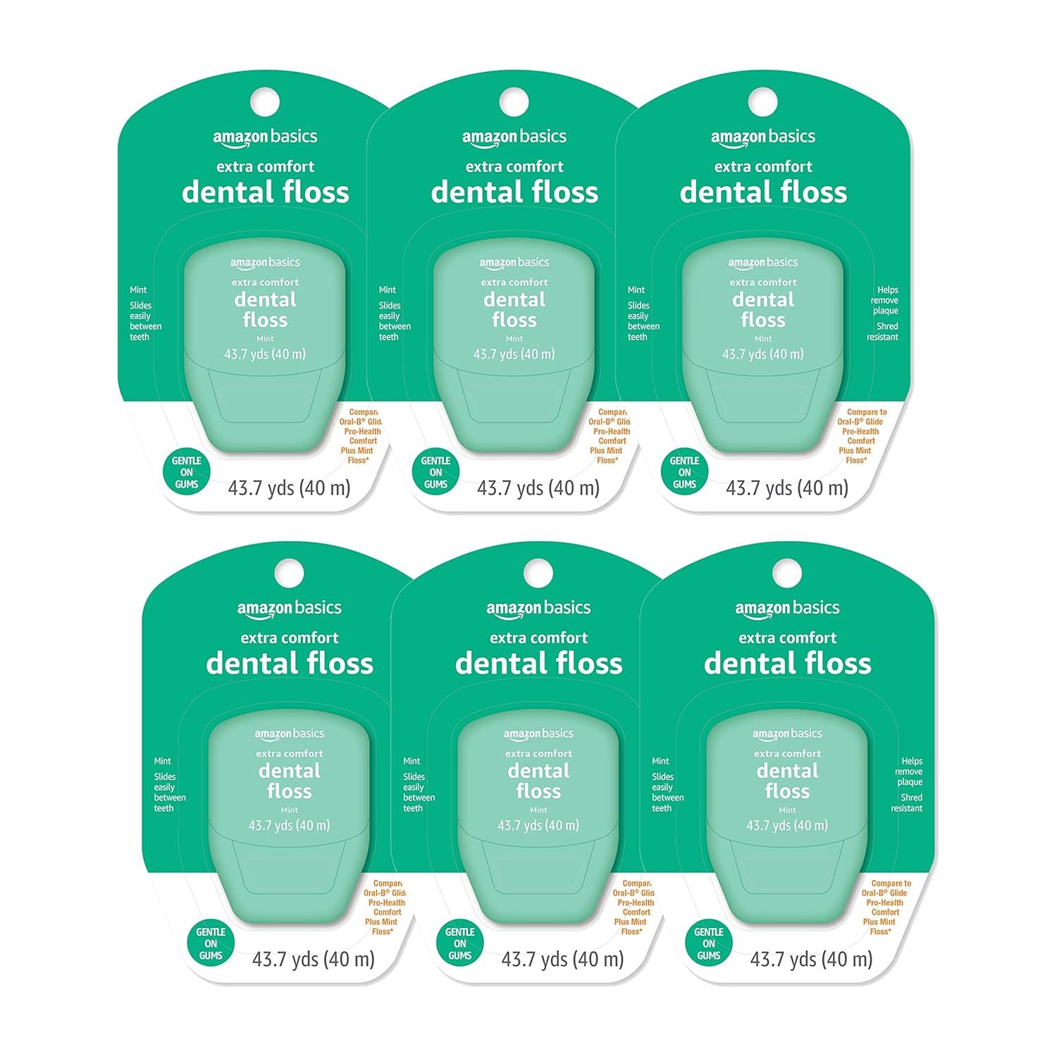 Shows the core sellable product—Amazon Basics extra comfort dental floss in mint flavor—displayed as a 6-pack to communicate quantity and value to the…