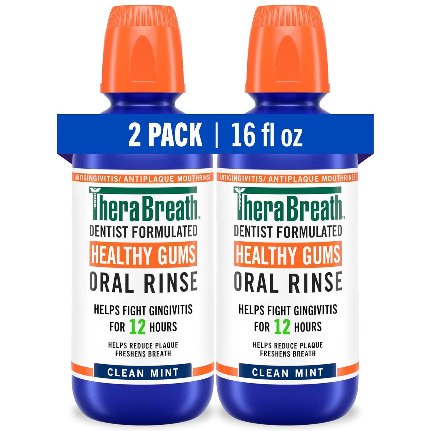 Shows the core product as a 2-pack bundle of TheraBreath Healthy Gums Oral Rinse, clearly displaying the bottles and key product information to help shoppers understand what they are purchasing.…