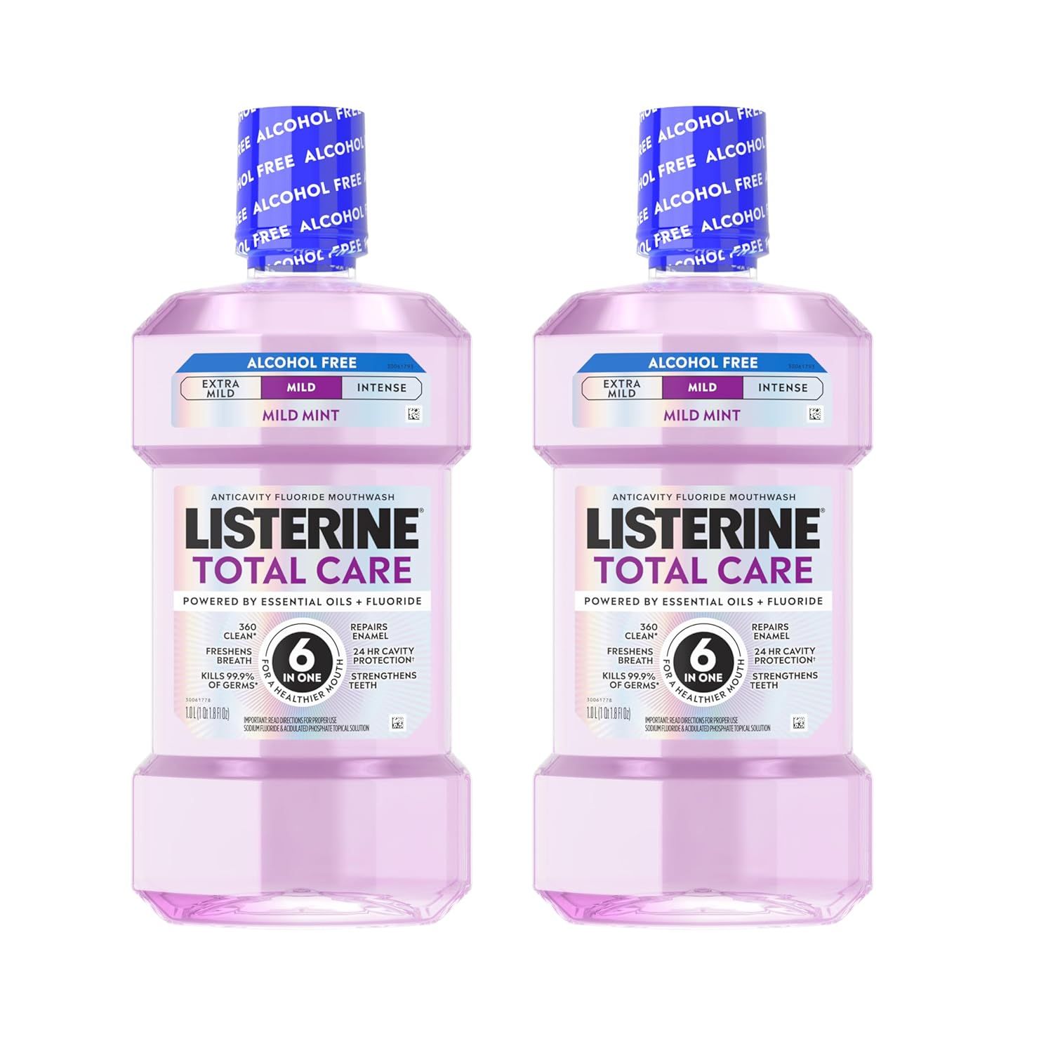 Displays two bottles of Listerine Total Care mouthwash to show the product clearly, emphasizing the alcohol-free formula, mild mint flavor, and comprehensive 6-in-1 oral care benefits.