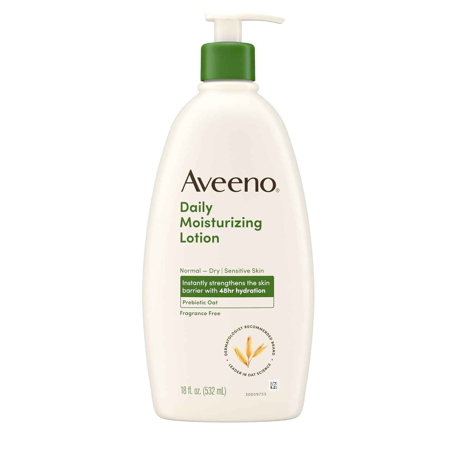 Displays the core product clearly on a white background, showing the Aveeno Daily Moisturizing Lotion bottle with its pump dispenser, brand name, and key product information to help shoppers…