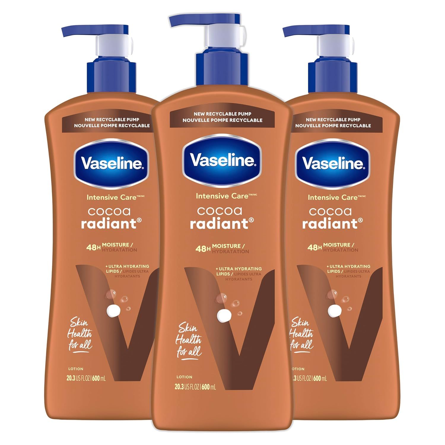 Shows the core sellable product—a 3-pack of Vaseline Intensive Care Cocoa Radiant lotion bottles—clearly displayed on a white background for catalog clarity.