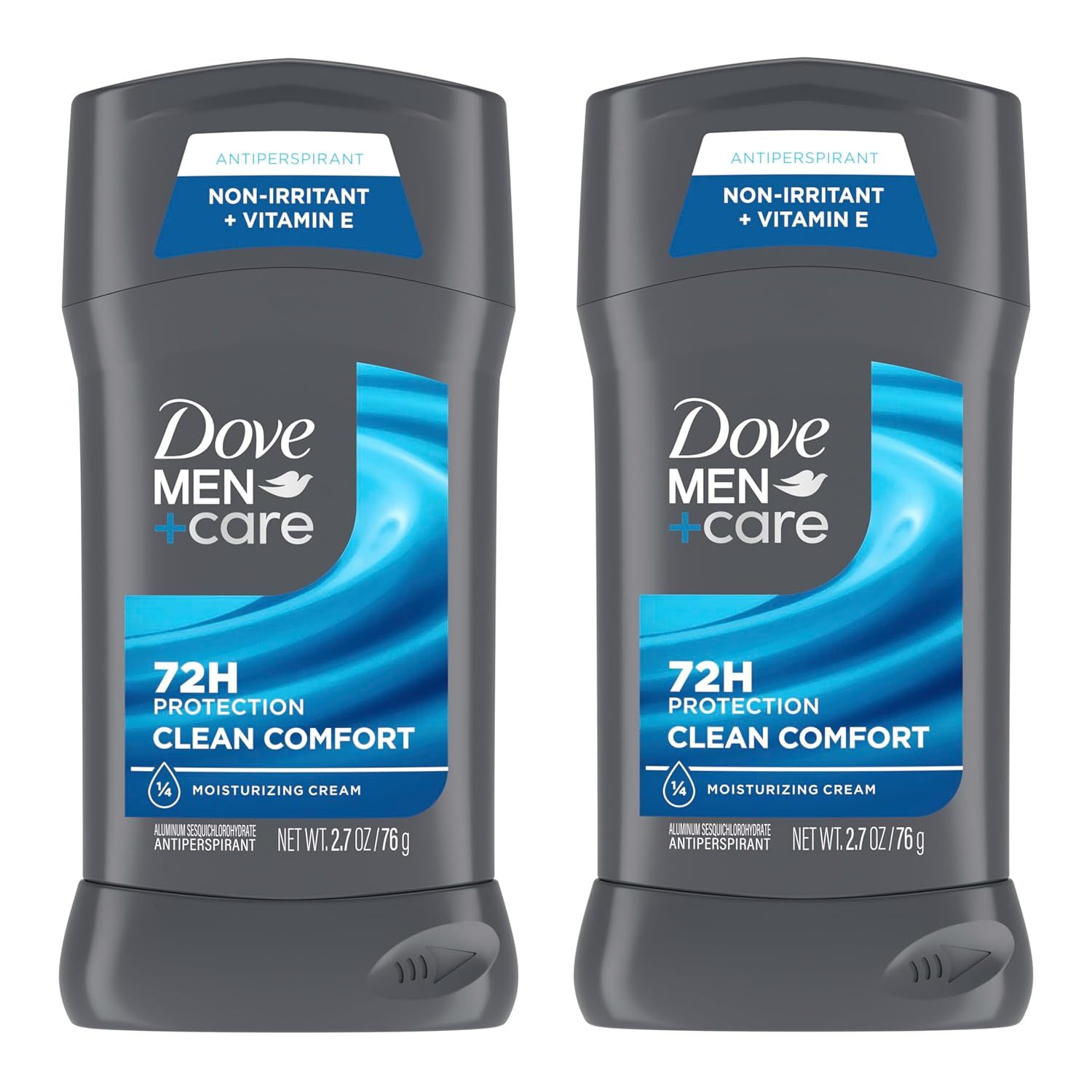 Shows two units of the Dove Men+Care antiperspirant deodorant to communicate that this is a multi-pack purchase, allowing shoppers to clearly see the product packaging, branding, and key features…