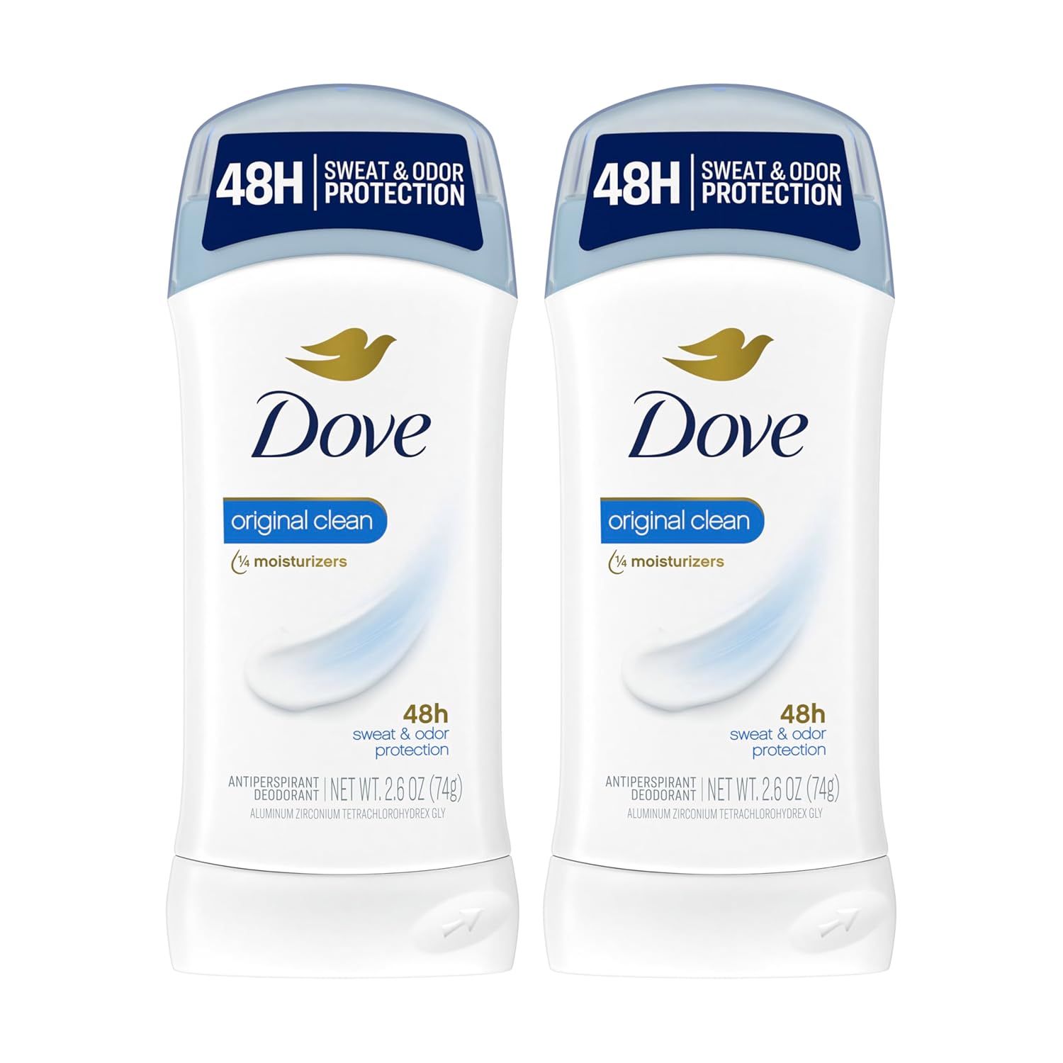 Shows two units of Dove Original Clean antiperspirant deodorant to communicate this is a multi-pack purchase, highlighting the 48-hour sweat and odor protection and moisturizing benefits.