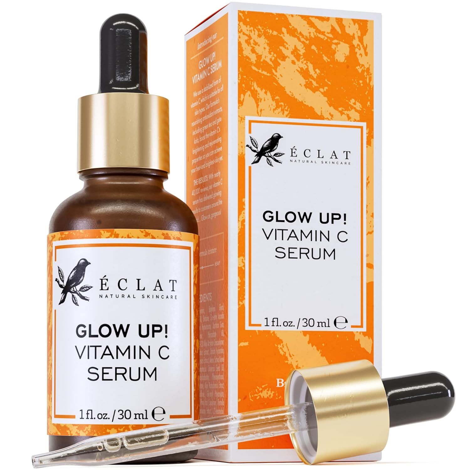 Displays the core product—a vitamin C serum in a dropper bottle—alongside its retail packaging to show shoppers exactly what they will receive. Shows the branded retail packaging to reassure…