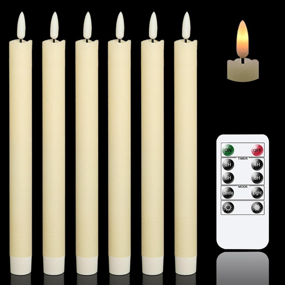 Displays the core product set of six flameless LED taper candles with remote control, showing both the unlit candles and a lit example to demonstrate the…