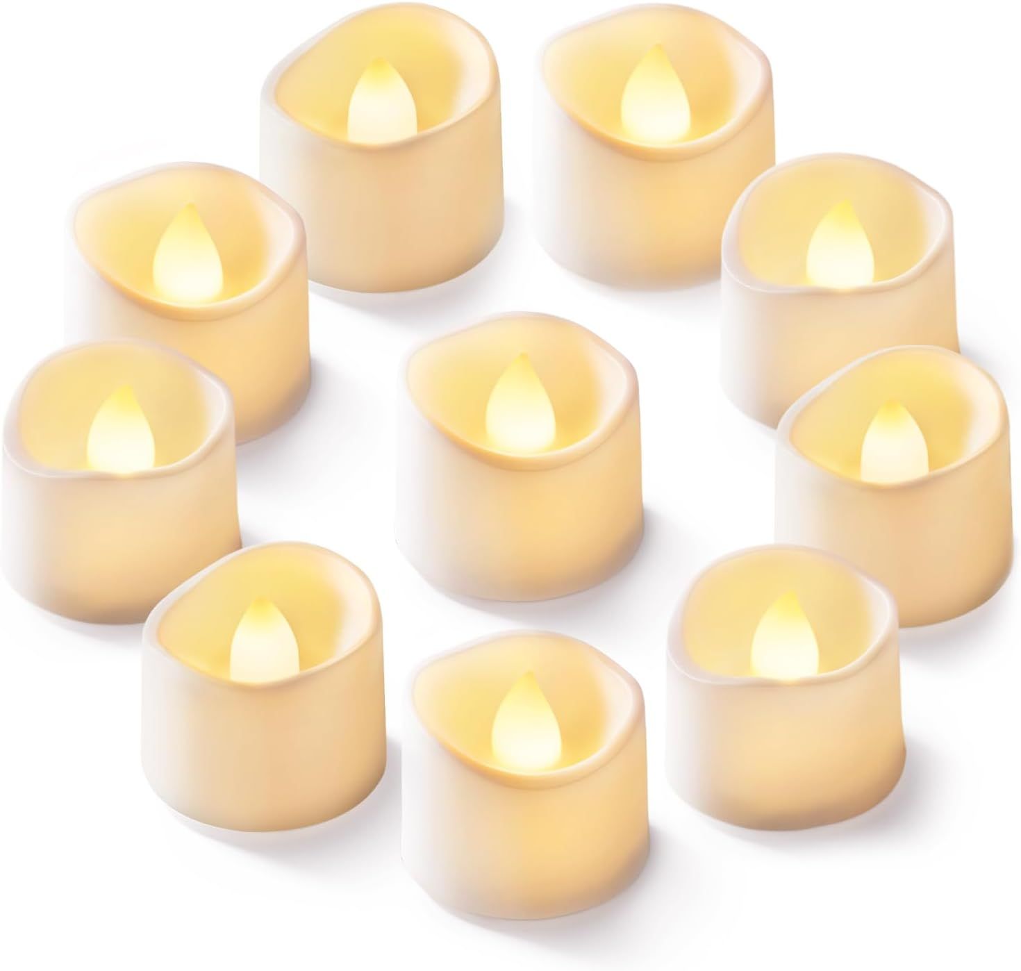 Displays the core product—a set of LED flameless tea light candles—clearly showing the realistic flickering flame effect and uniform design to communicate…