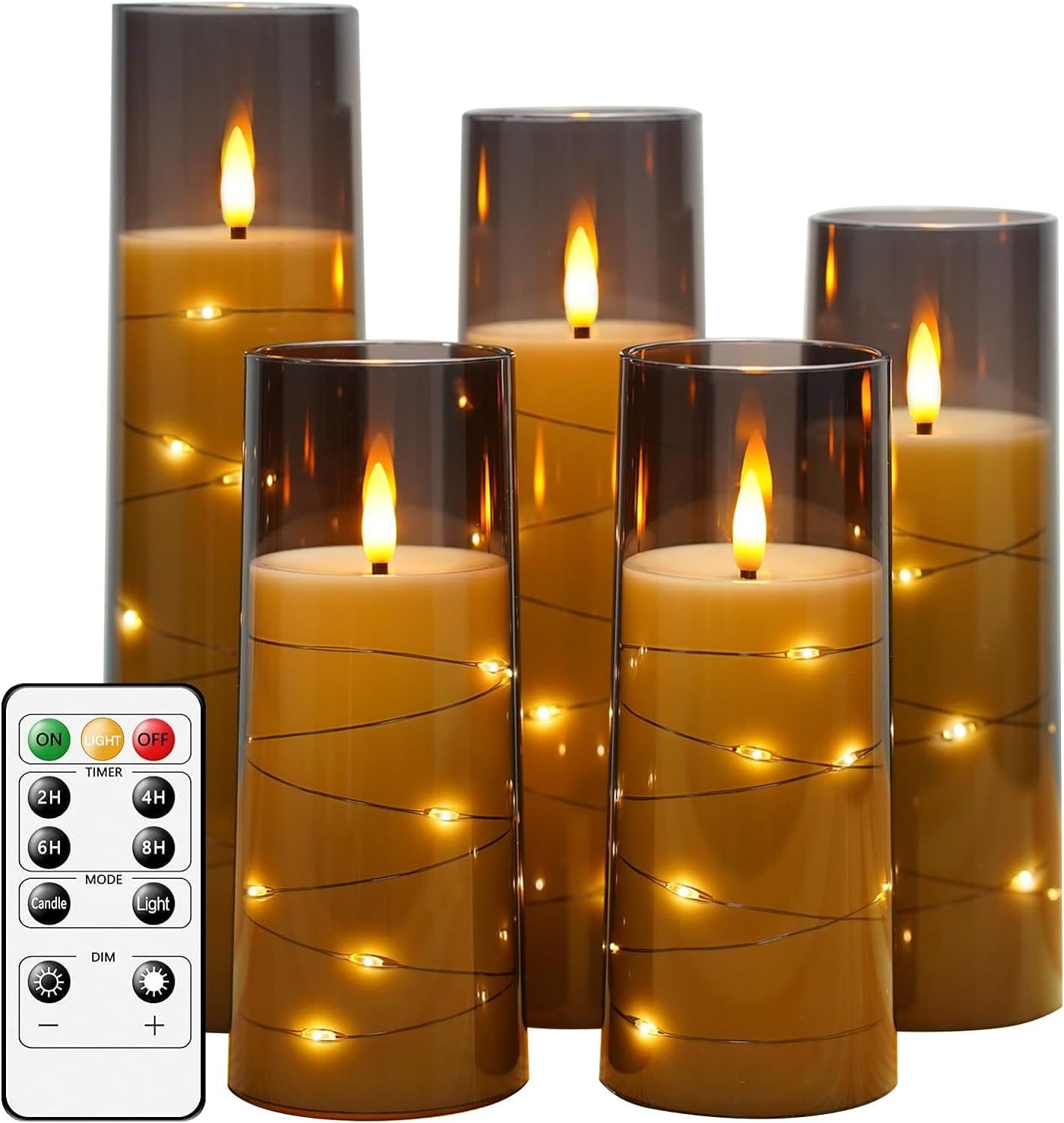 Displays the complete set of LED candles in glass holders with decorative string lights, showing the shopper what they will receive and the elegant ambiance the product creates. Shows the included…