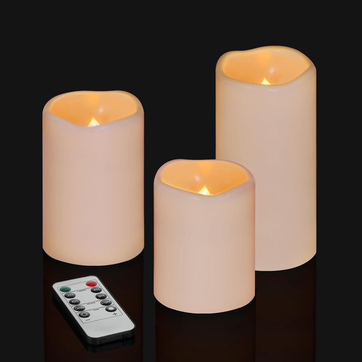 Shows the core product set of three LED flameless candles in different sizes with a remote control, demonstrating the complete package and size variations…