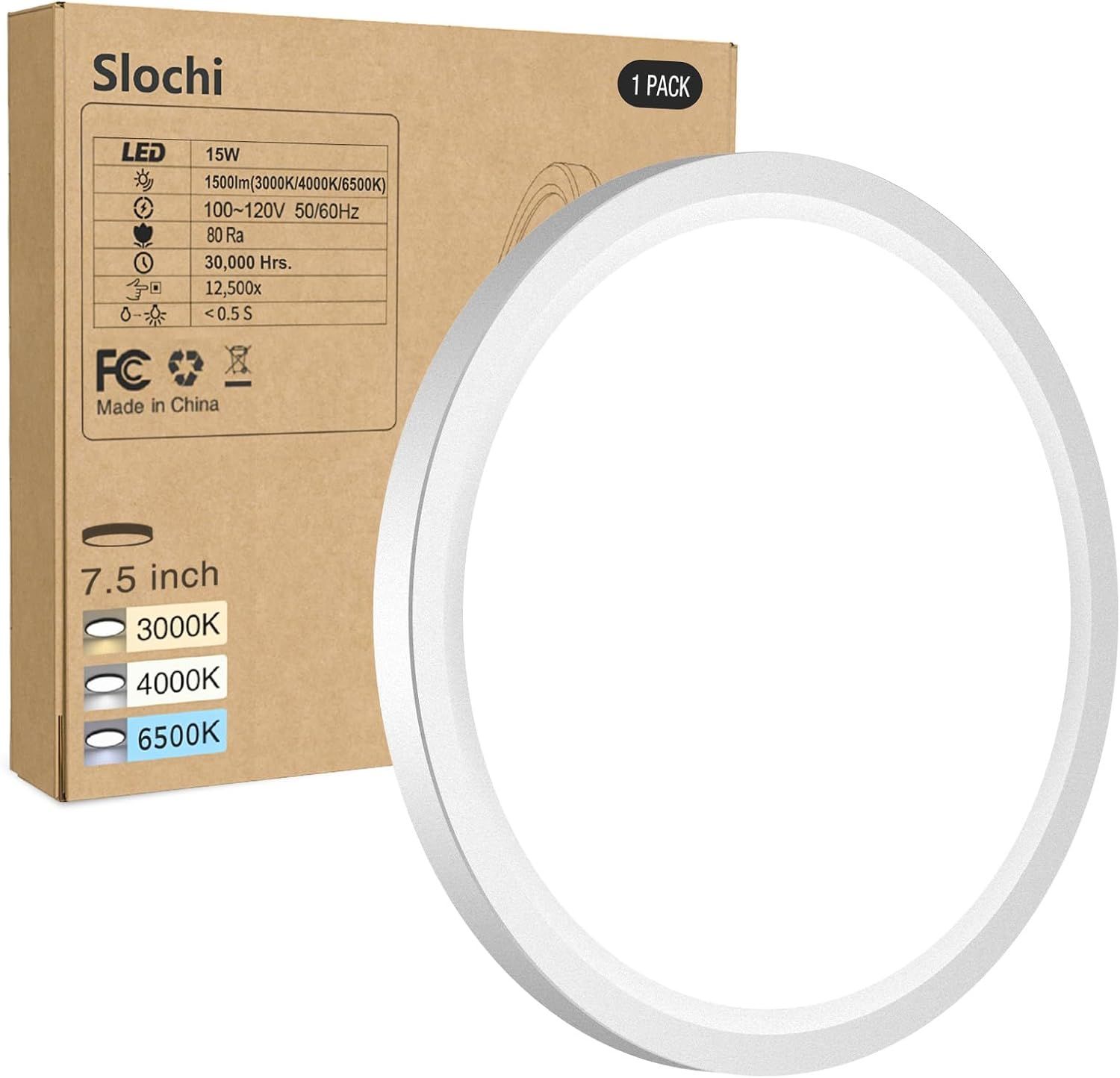 Shows the core sellable product - a round LED ceiling light fixture - alongside its retail packaging to communicate what the buyer will receive. Displays the physical retail packaging with detailed…