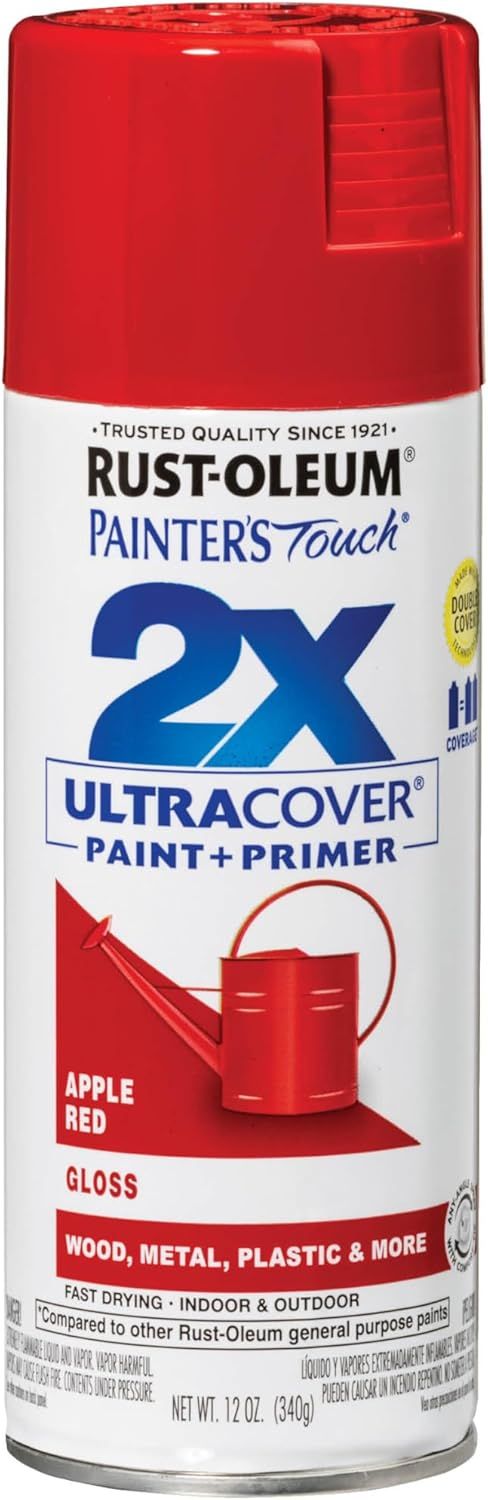 Shows the core sellable product, a Rust-Oleum spray paint can in Apple Red color, allowing shoppers to see exactly what they will receive. Displays the…