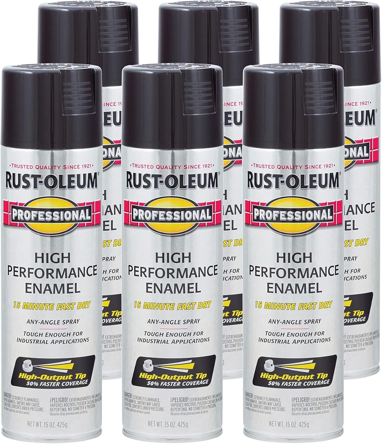 Shows the core sellable product - a 6-pack of Rust-Oleum Professional High Performance Enamel spray paint cans - clearly displaying the brand, product line,…